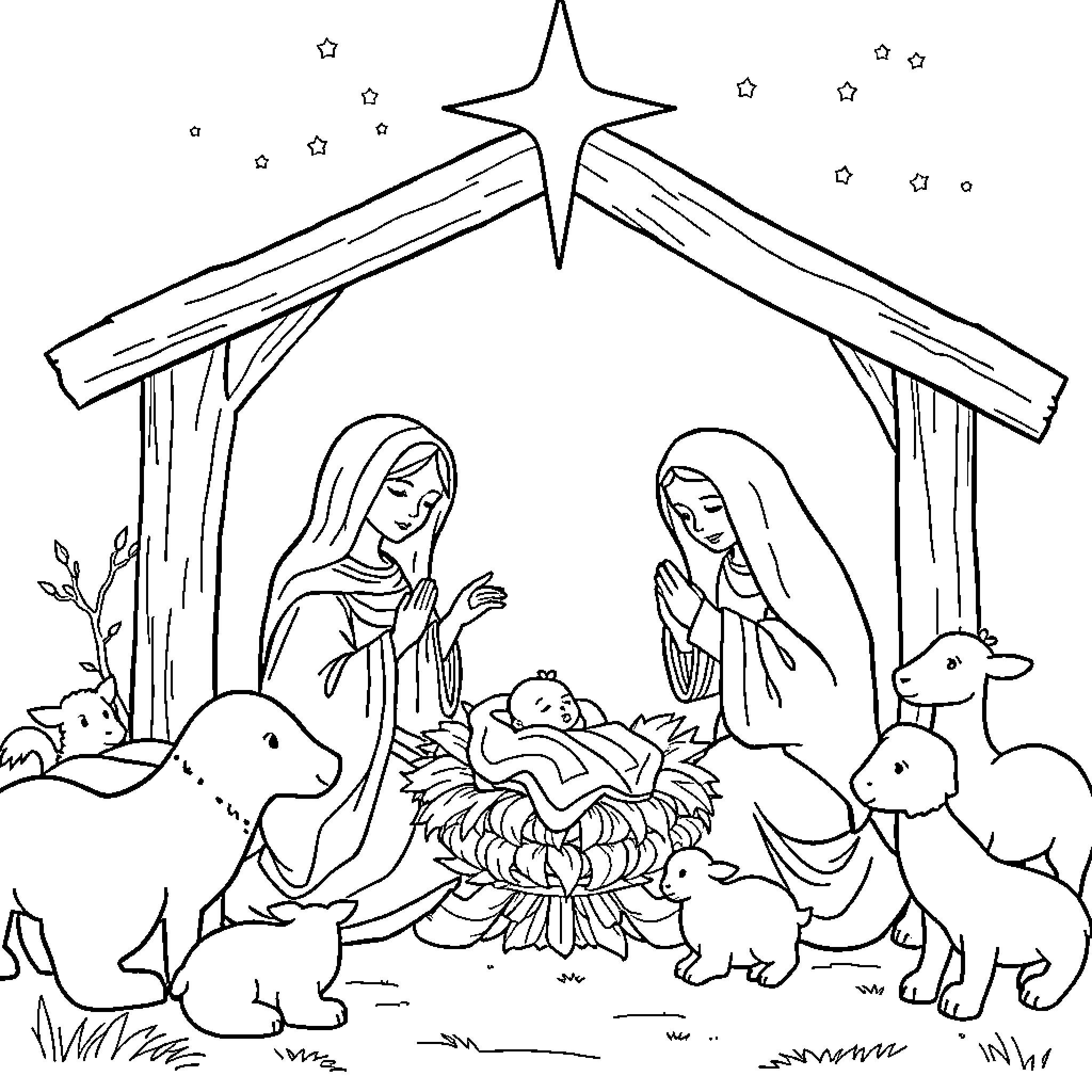 Nativity scene with Mary, Joseph, and baby Jesus Coloring Page (free black-and-white line drawing printable PDF for all, from beginners to advanced learners, including children, teens, adults, and seniors)