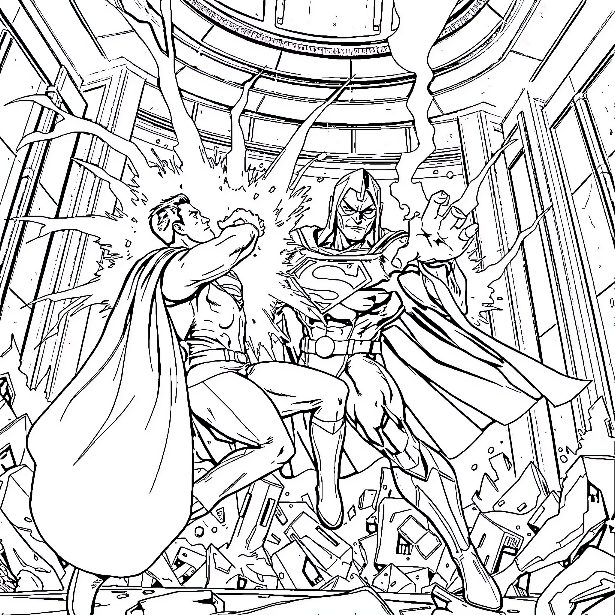 Superman heroically battles in a grand battle Coloring Page (free black-and-white line drawing printable PDF for all, from beginners to advanced learners, including children, teens, adults, and seniors)