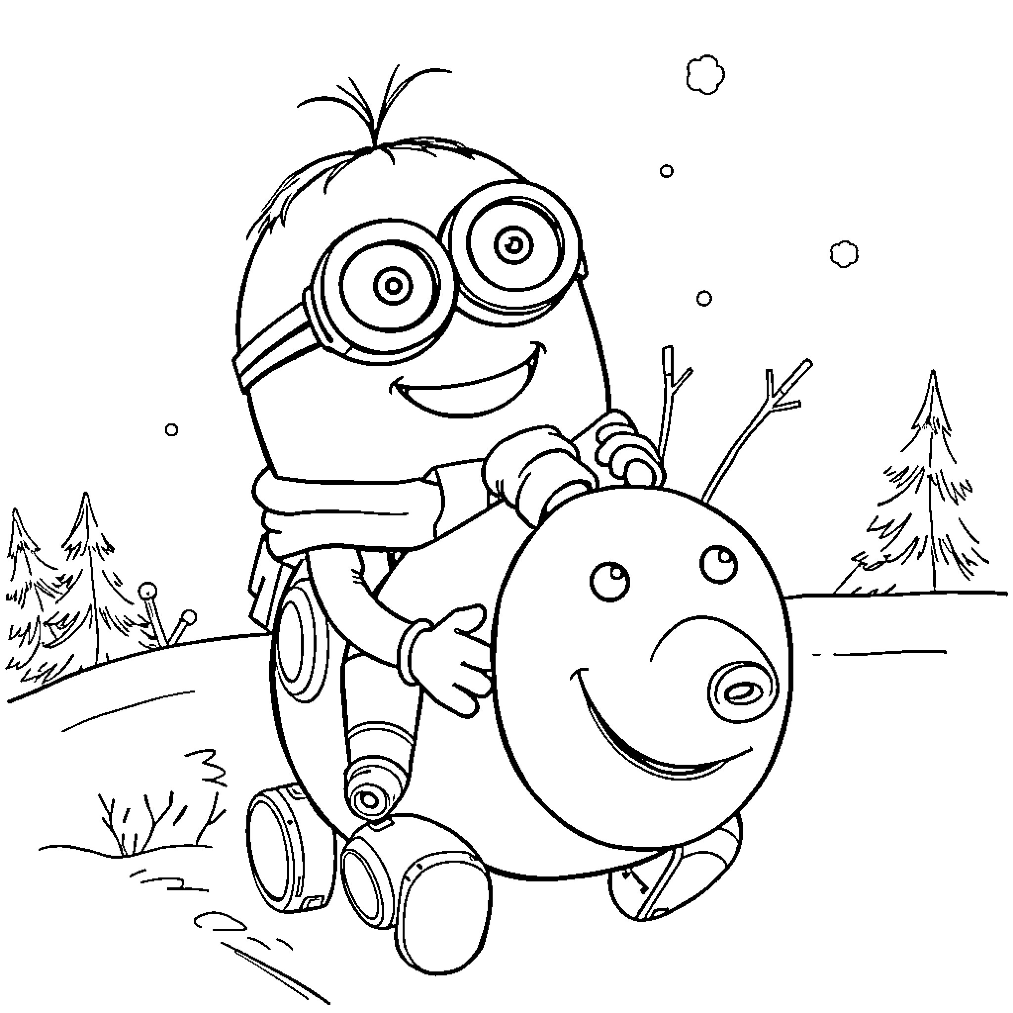 Minion playing happily with snowman in snowy landscape Coloring Page (free black-and-white line drawing printable PDF for all, from beginners to advanced learners, including children, teens, adults, and seniors)