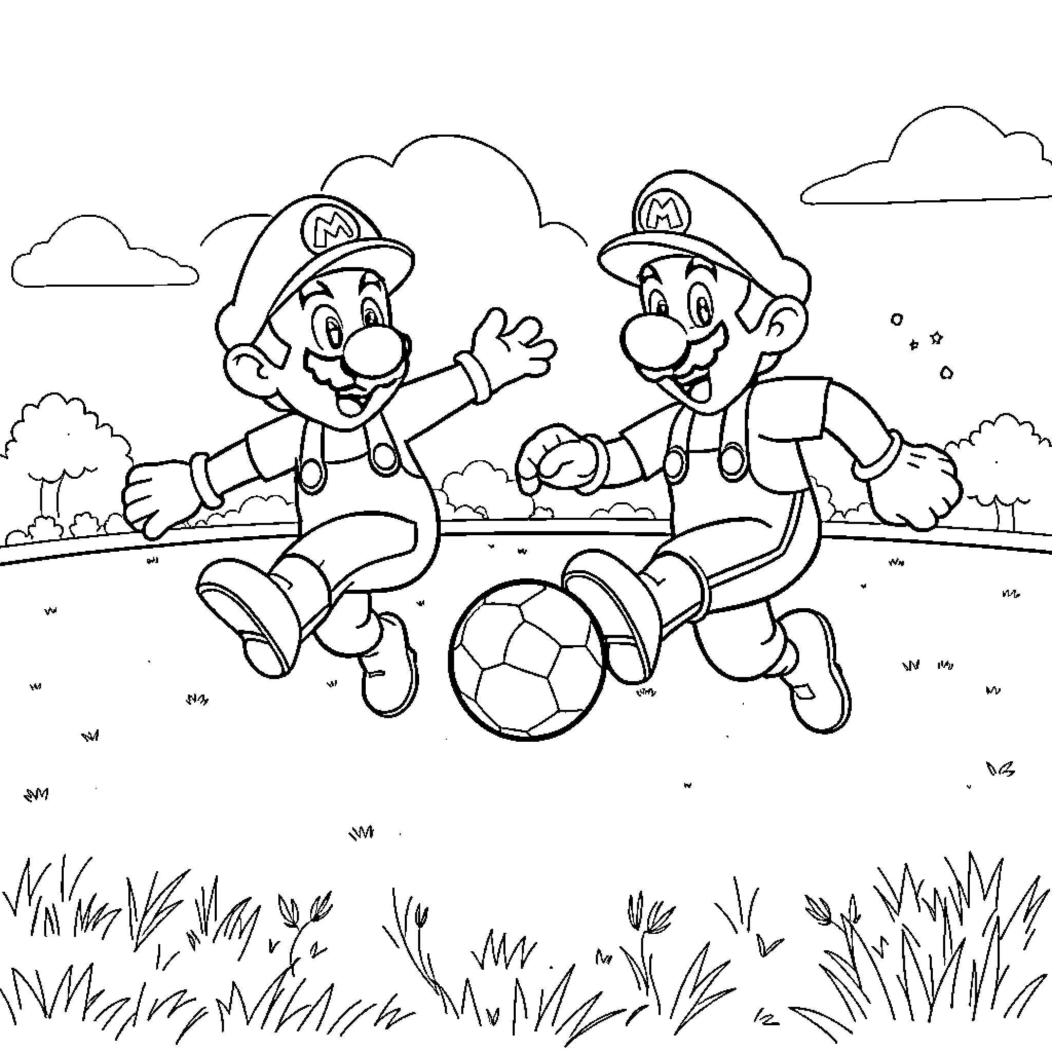Mario Brothers Playing Soccer on the Field Coloring Page (free black-and-white line drawing printable PDF for all, from beginners to advanced learners, including children, teens, adults, and seniors)