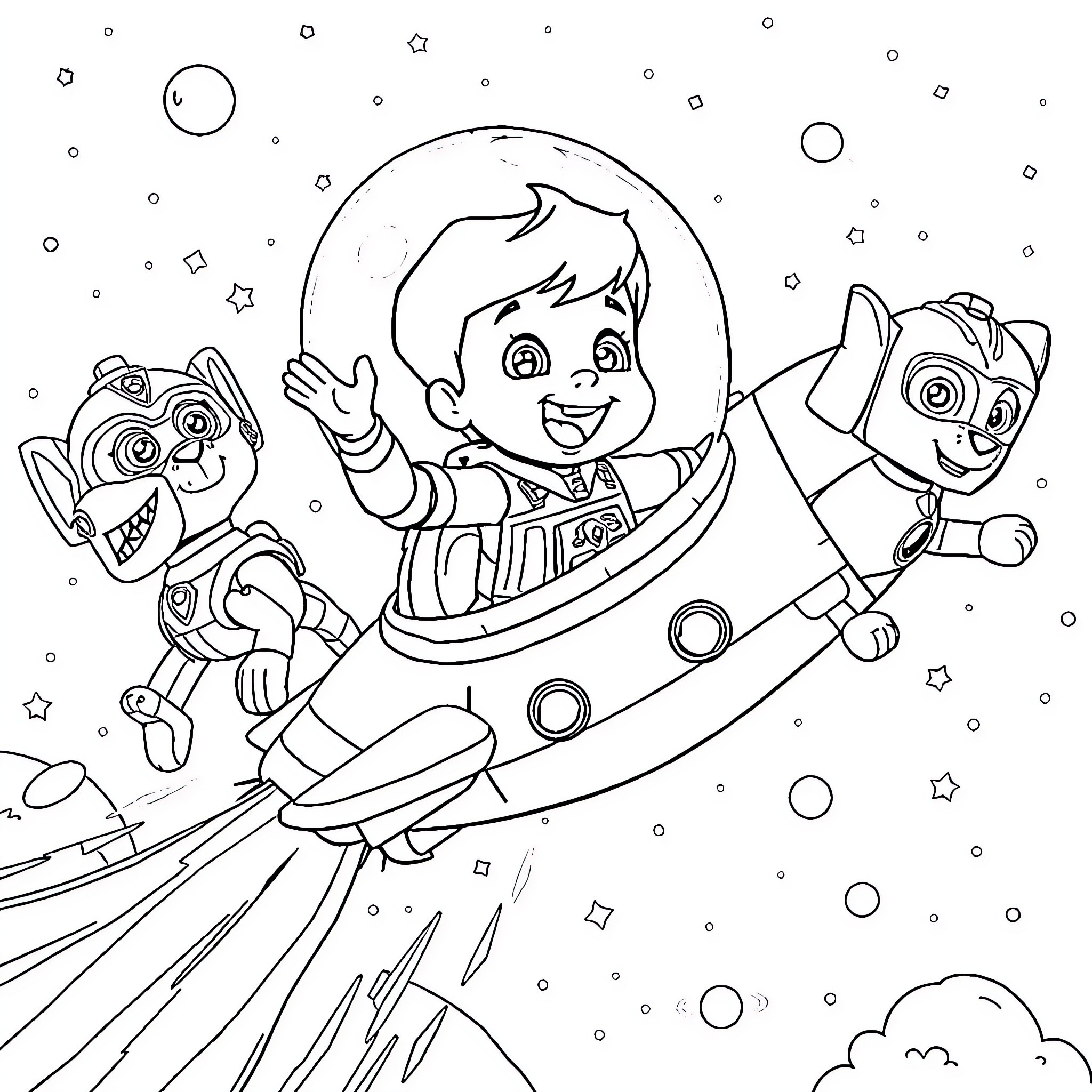 Niño exploring the universe with his pet companions Coloring Page (free black-and-white line drawing printable PDF for all, from beginners to advanced learners, including children, teens, adults, and seniors)