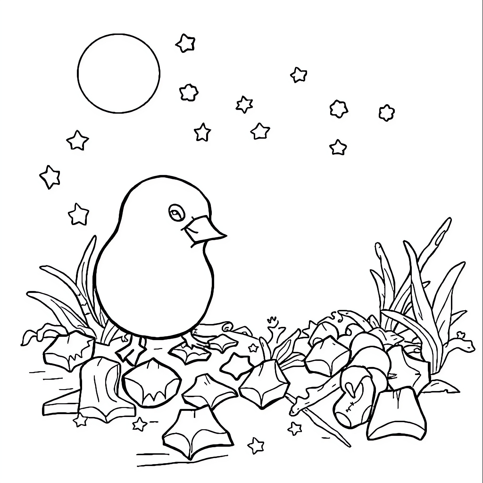 Pech's Avian Exploration in Whimsical Wilderness Coloring Page (free black-and-white line drawing printable PDF for all, from beginners to advanced learners, including children, teens, adults, and seniors)