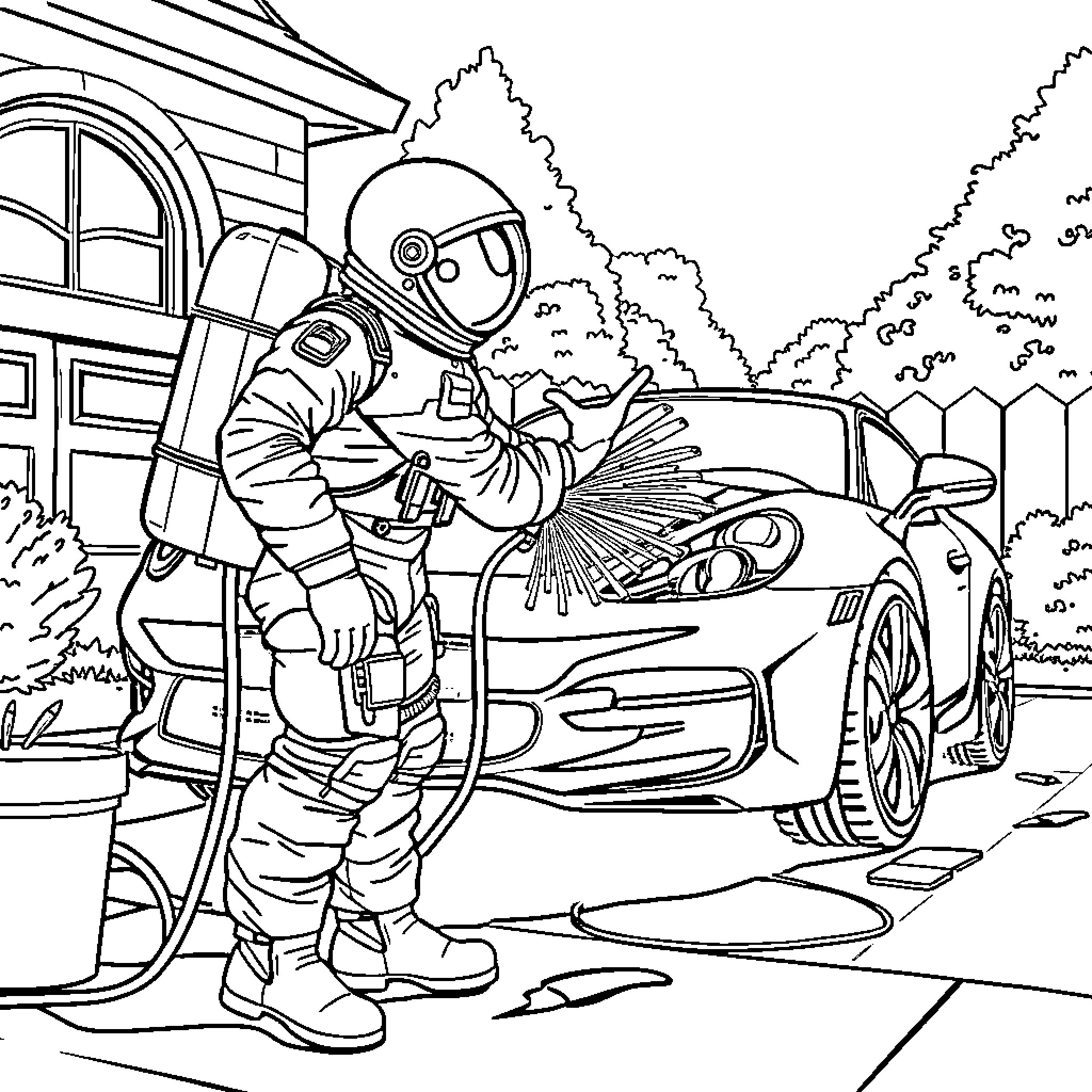 Astronaut inspecting futuristic vehicle in outdoor setting Coloring Page (free black-and-white line drawing printable PDF for all, from beginners to advanced learners, including children, teens, adults, and seniors)