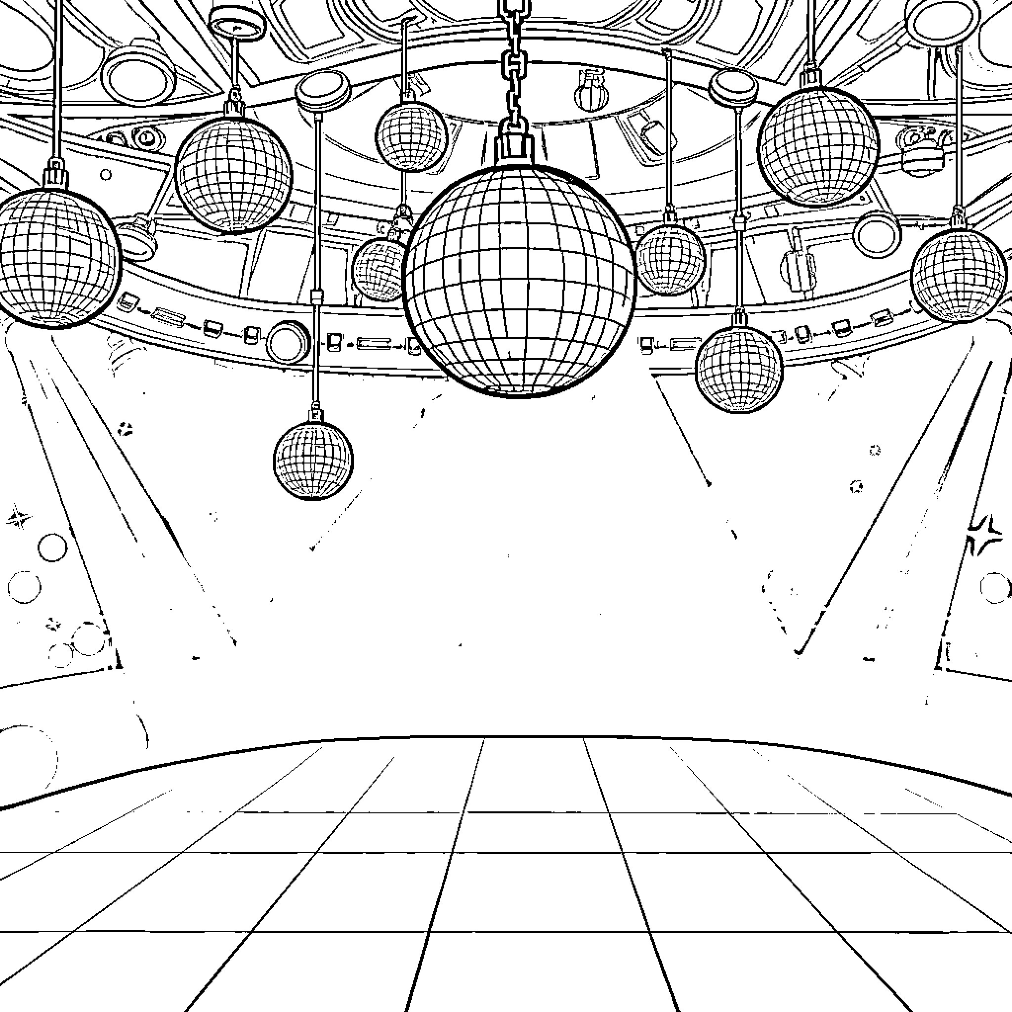 Disco Ball Illuminating a Vibrant Dance Floor Coloring Page (free black-and-white line drawing printable PDF for all, from beginners to advanced learners, including children, teens, adults, and seniors)
