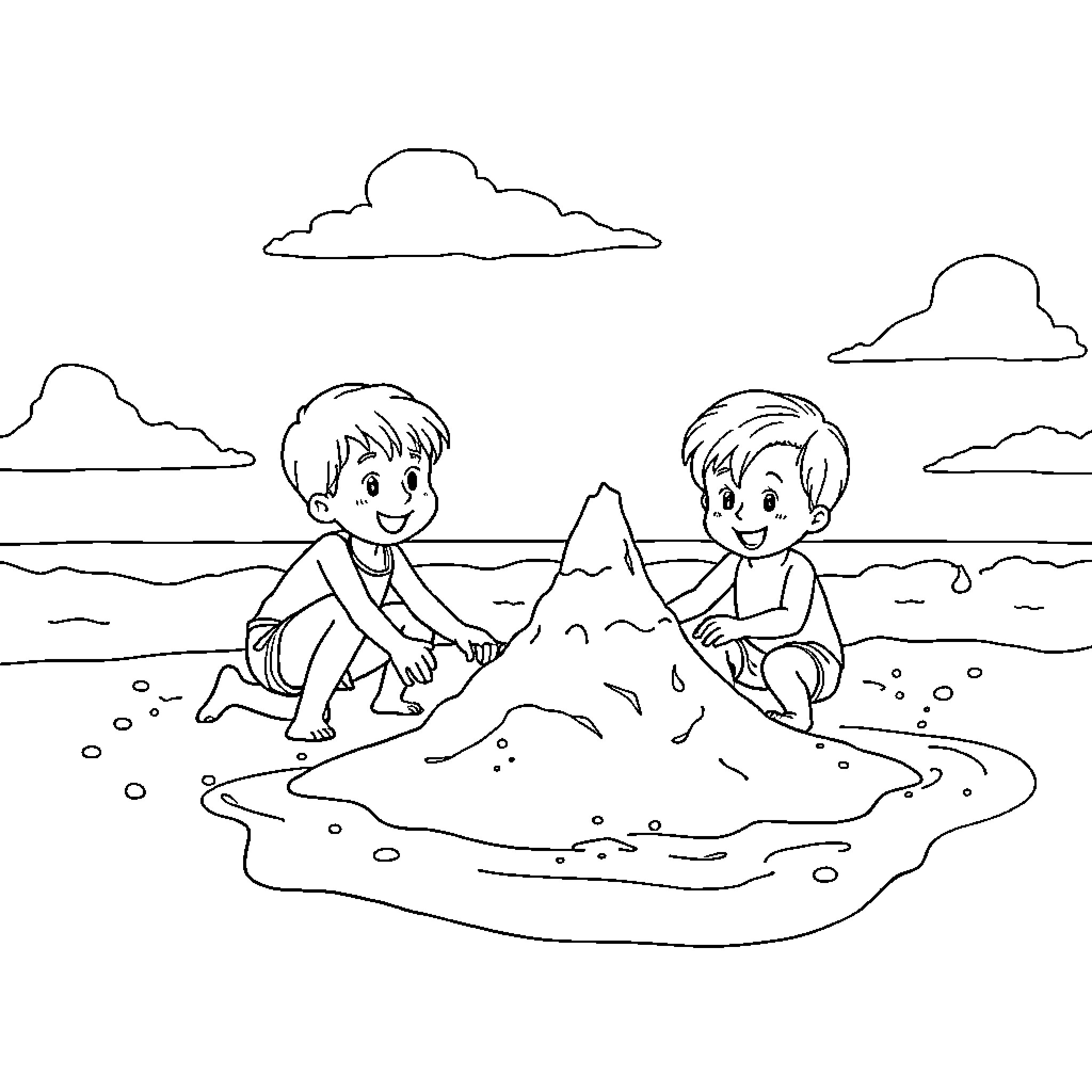 Kids building sandcastle on beach Coloring Page (free black-and-white line drawing printable PDF for all, from beginners to advanced learners, including children, teens, adults, and seniors)