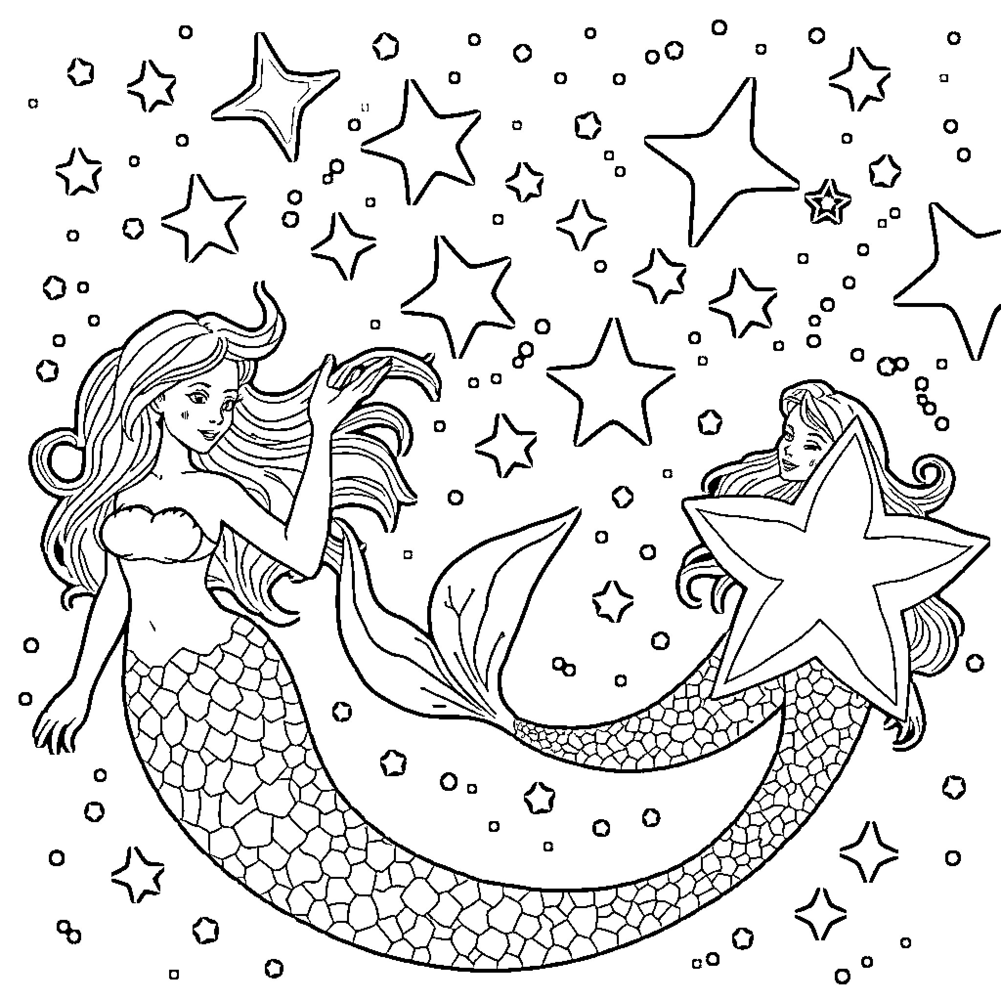 Mermaid Fantasy with Stars Coloring Page (free black-and-white line drawing printable PDF for all, from beginners to advanced learners, including children, teens, adults, and seniors)