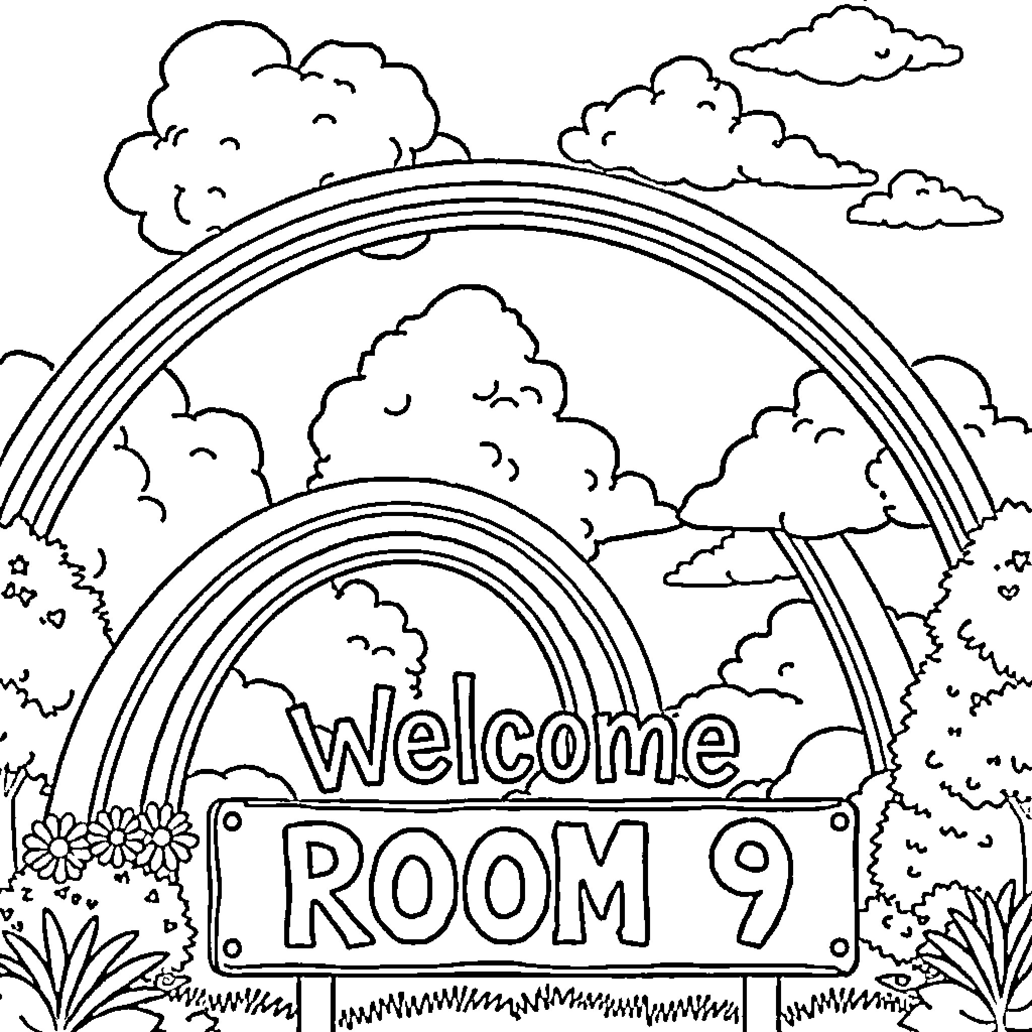 Rainbow Welcome to Room 9 Coloring Scene Coloring Page (free black-and-white line drawing printable PDF for all, from beginners to advanced learners, including children, teens, adults, and seniors)