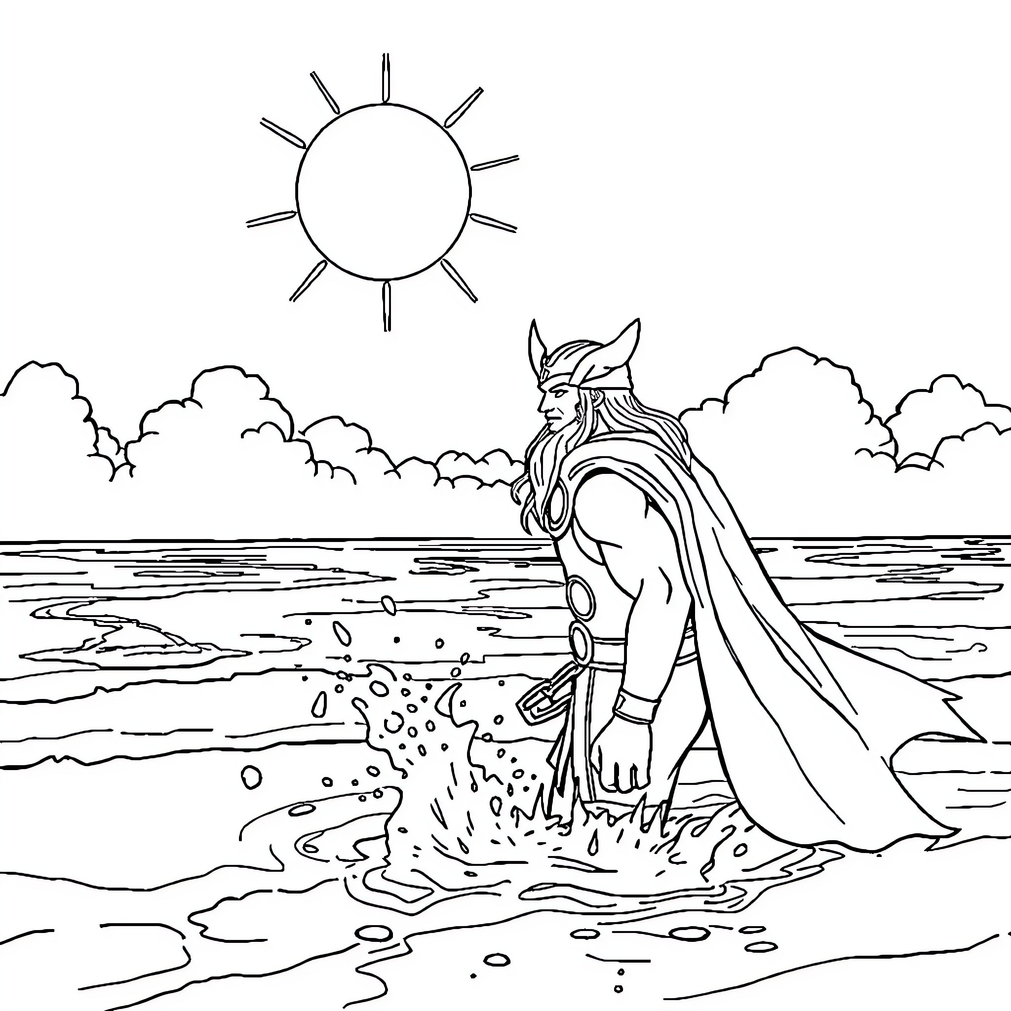 Thor exploring a serene coastal landscape Coloring Page (free black-and-white line drawing printable PDF for all, from beginners to advanced learners, including children, teens, adults, and seniors)