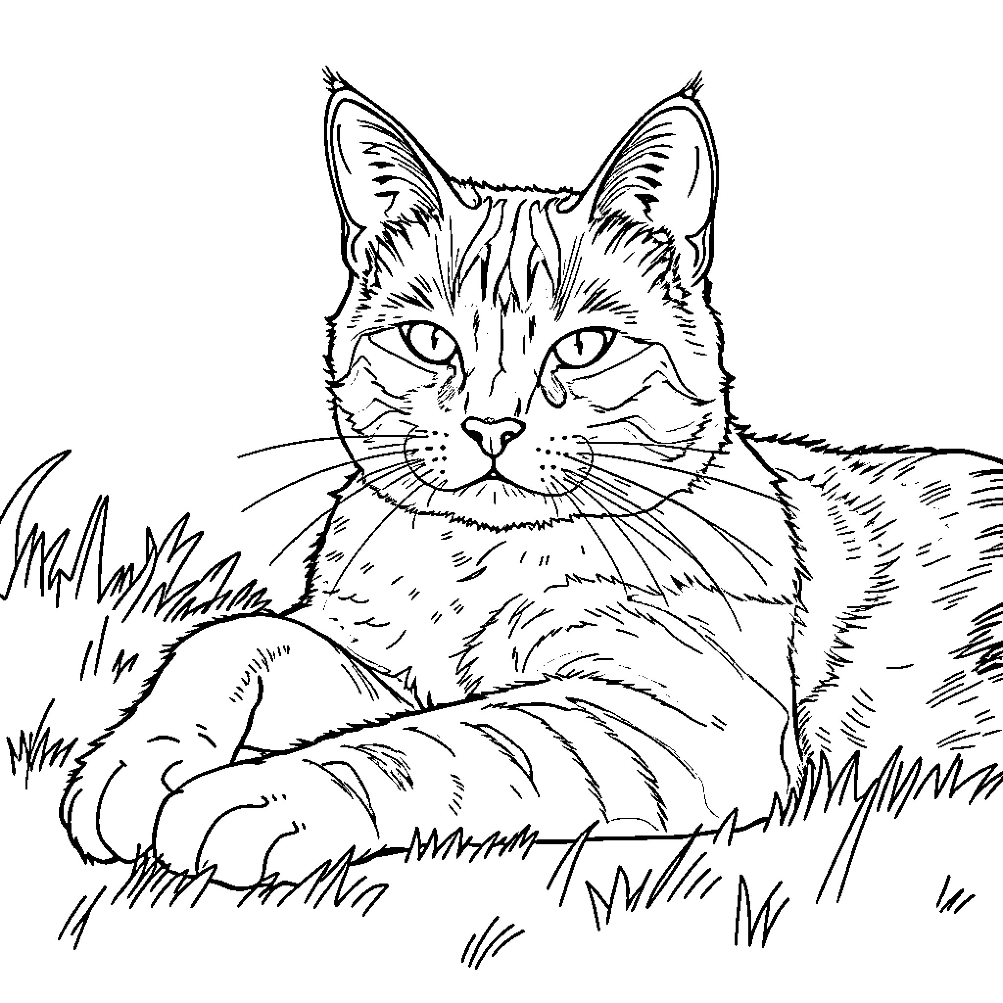 Cat resting peacefully in the grass Coloring Page (free black-and-white line drawing printable PDF for all, from beginners to advanced learners, including children, teens, adults, and seniors)