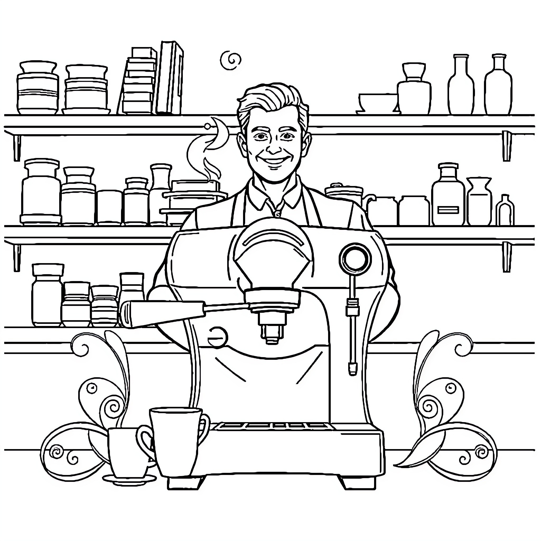 Barista preparing a delightful beverage in the cafe Coloring Page (free black-and-white line drawing printable PDF for all, from beginners to advanced learners, including children, teens, adults, and seniors)