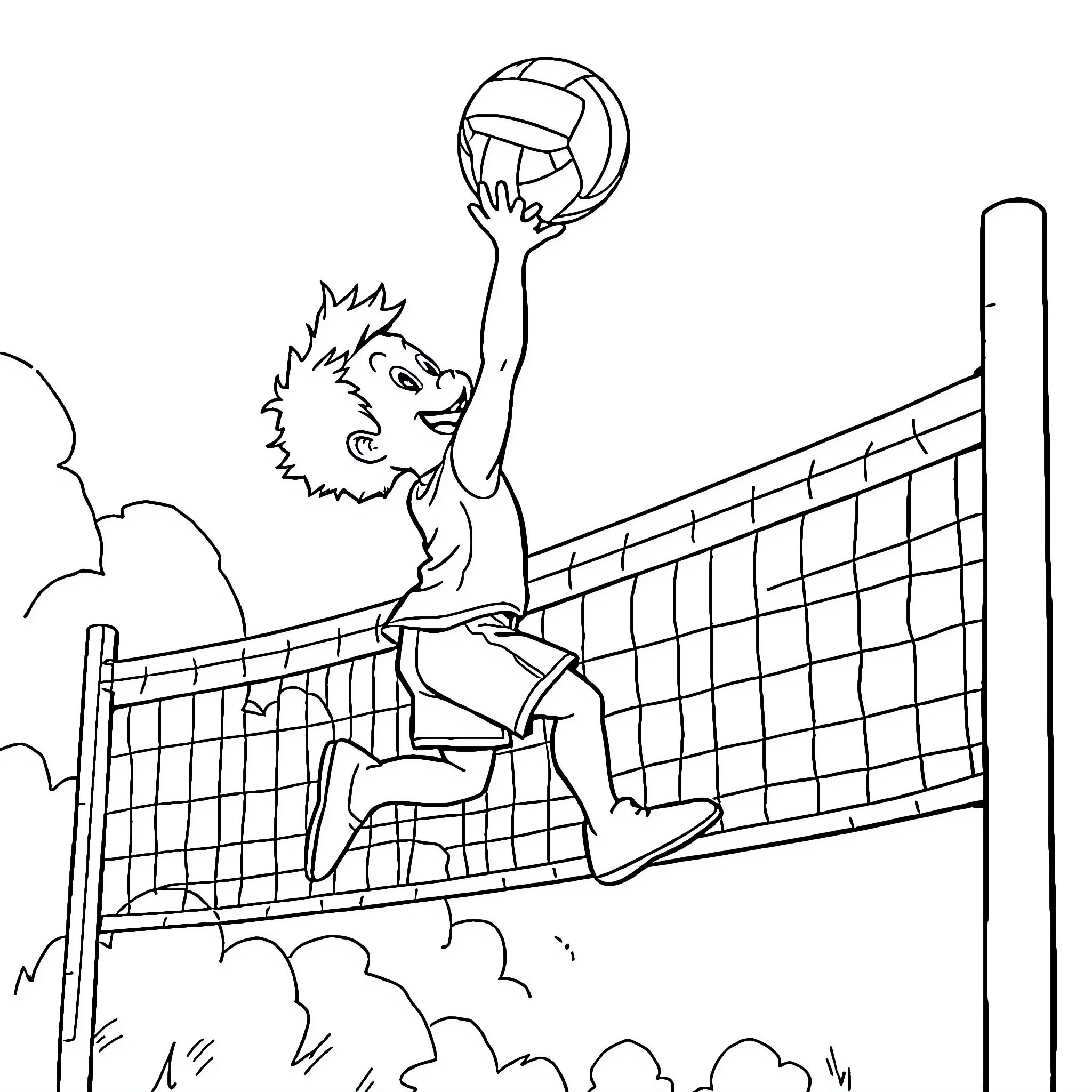 Simon's energetic volleyball game outdoors Coloring Page (free black-and-white line drawing printable PDF for all, from beginners to advanced learners, including children, teens, adults, and seniors)