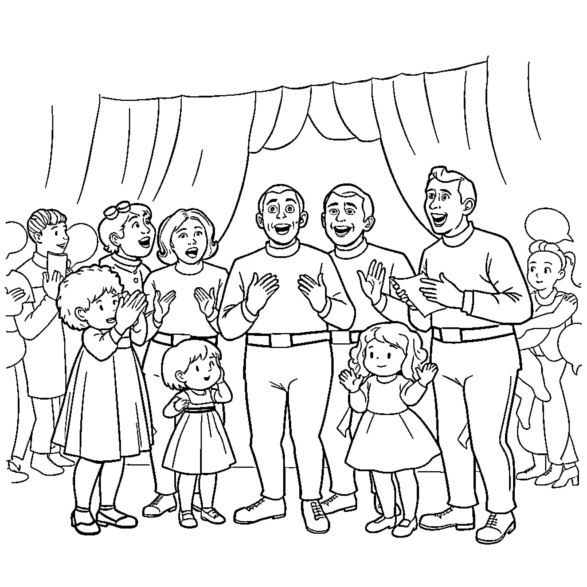 Wiggles and Applause of a Family on Stage Coloring Page (free black-and-white line drawing printable PDF for all, from beginners to advanced learners, including children, teens, adults, and seniors)