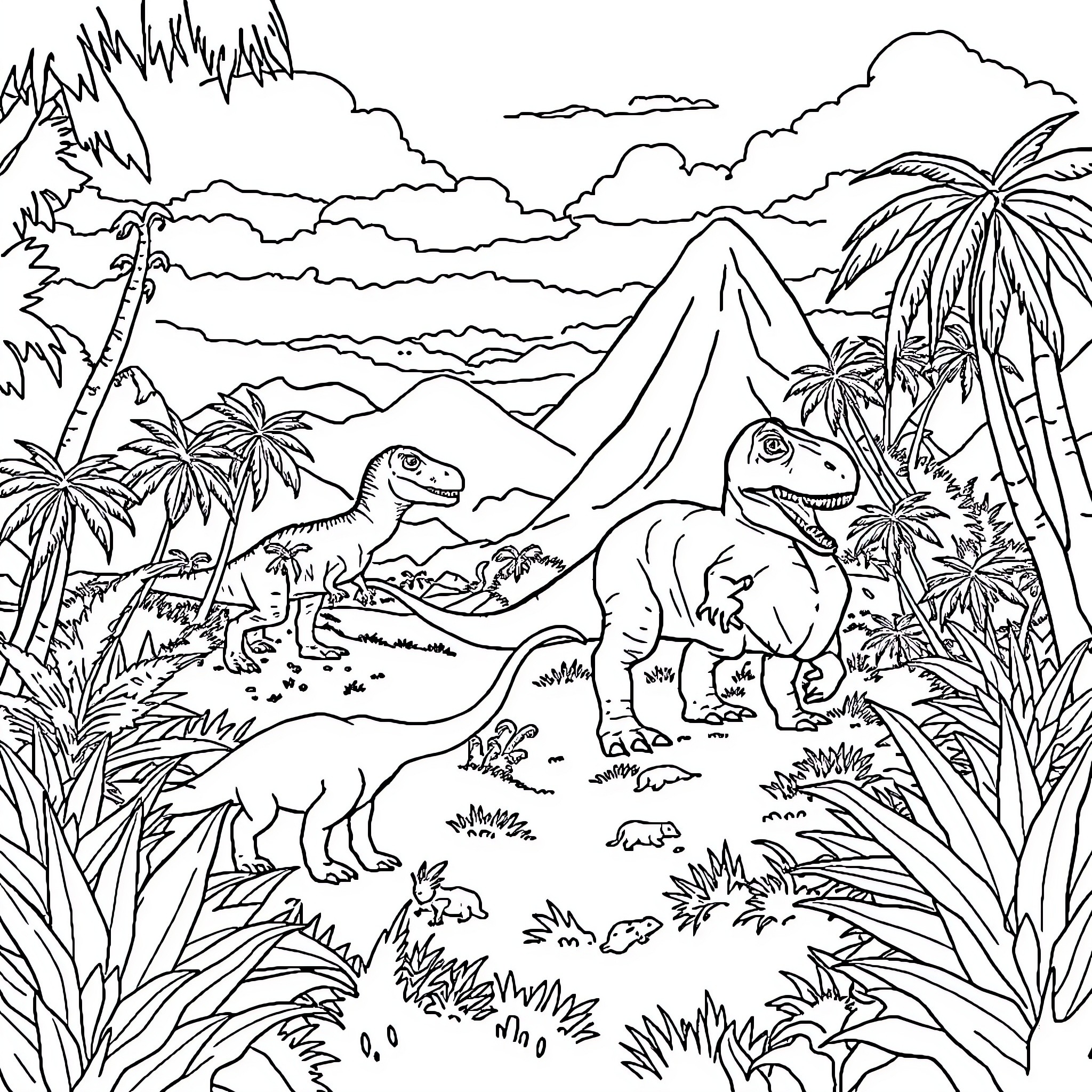 Dinosaurs in a Prehistoric Landscape Coloring Page (free black-and-white line drawing printable PDF for all, from beginners to advanced learners, including children, teens, adults, and seniors)