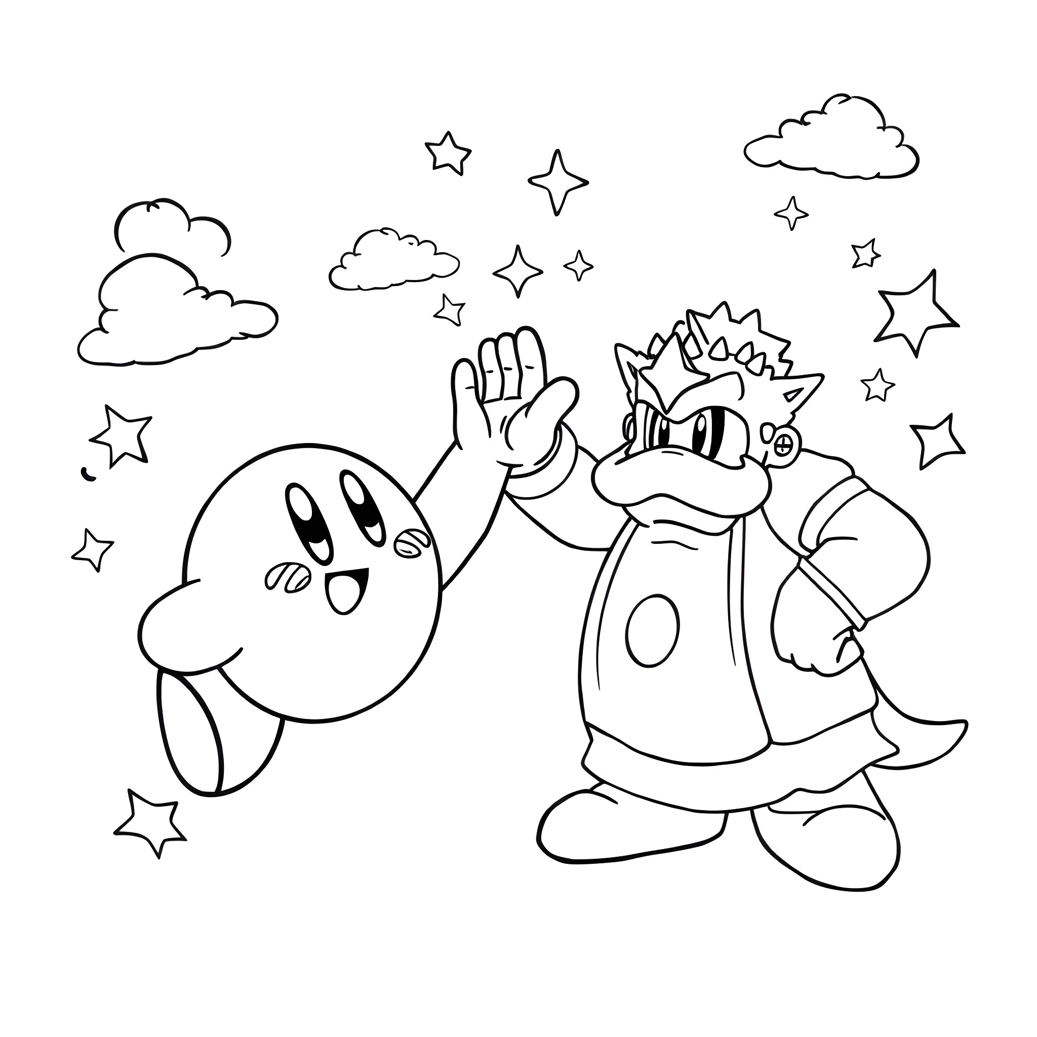 Kirby and King Dedede playing together in the starry night Coloring Page (free black-and-white line drawing printable PDF for all, from beginners to advanced learners, including children, teens, adults, and seniors)