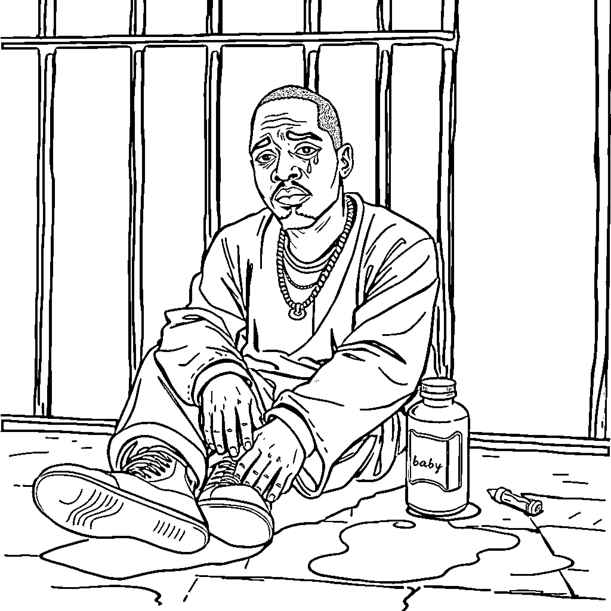 Puff Daddy imprisoned, contemplative expression Coloring Page (free black-and-white line drawing printable PDF for all, from beginners to advanced learners, including children, teens, adults, and seniors)