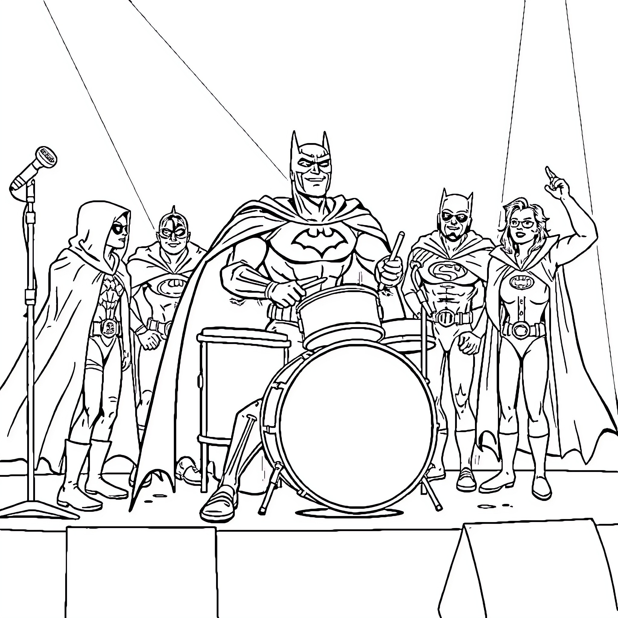 Batman and his superhero band perform on stage Coloring Page (free black-and-white line drawing printable PDF for all, from beginners to advanced learners, including children, teens, adults, and seniors)
