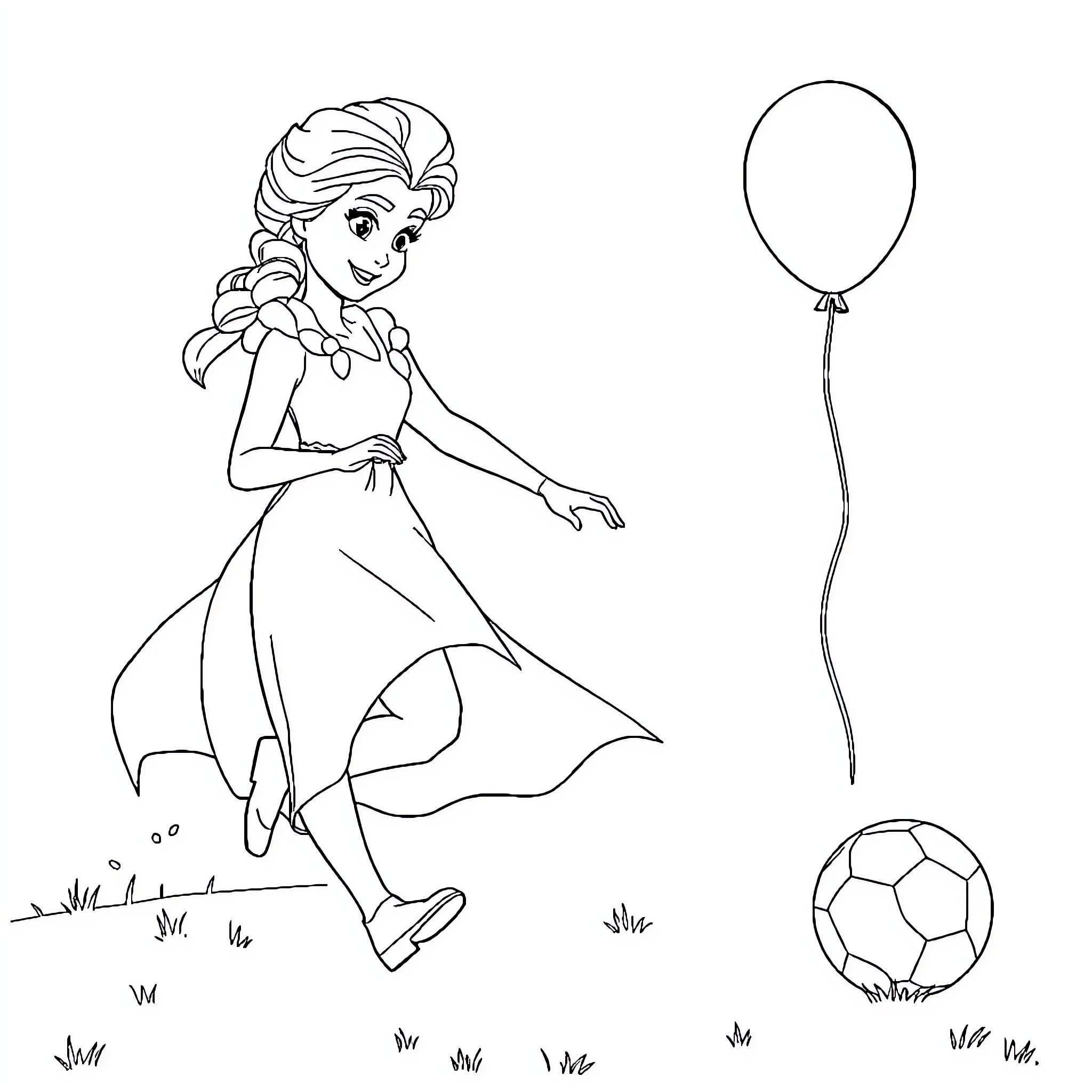 Elsa playing joyfully with balloon and soccer ball Coloring Page (free black-and-white line drawing printable PDF for all, from beginners to advanced learners, including children, teens, adults, and seniors)