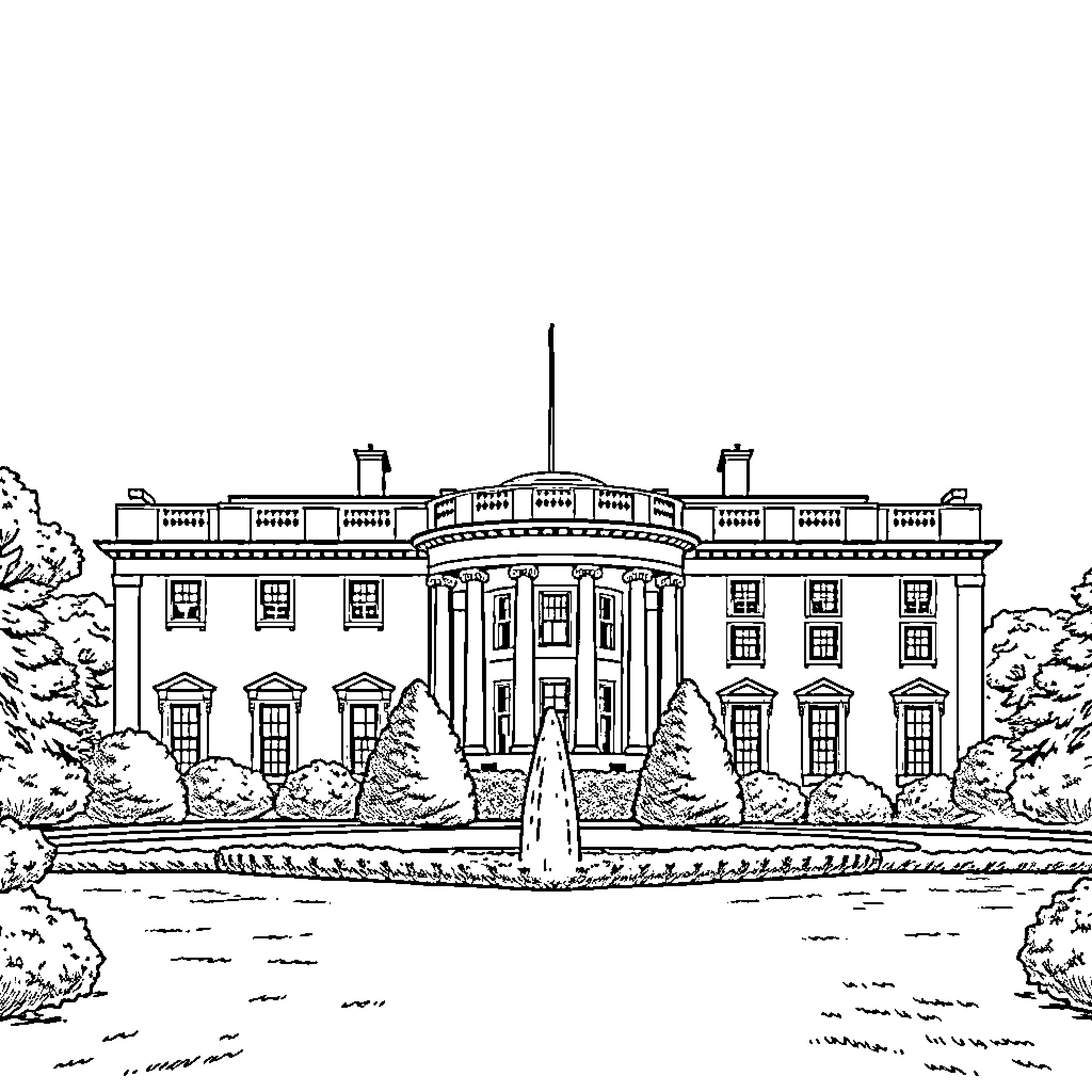 White House with Iconic Architecture and Landscaping Coloring Page (free black-and-white line drawing printable PDF for all, from beginners to advanced learners, including children, teens, adults, and seniors)