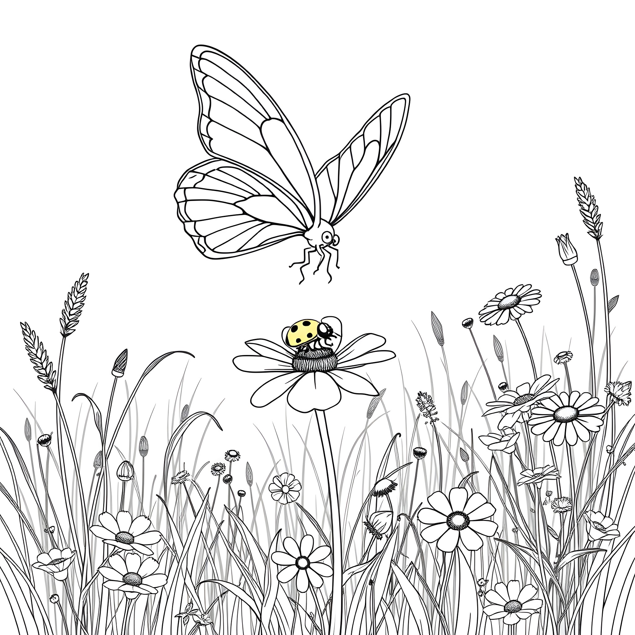 Butterfly soaring among a field of flowers Coloring Page (free black-and-white line drawing printable PDF for all, from beginners to advanced learners, including children, teens, adults, and seniors)
