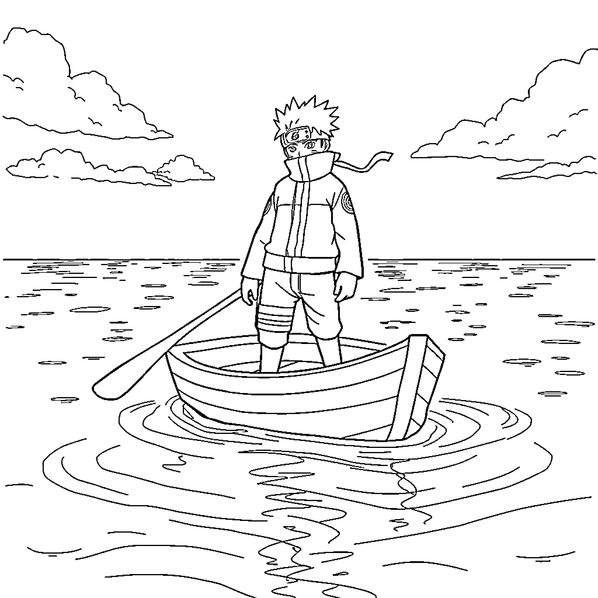 Naruto's Tranquil Boating Adventure Coloring Page (free black-and-white line drawing printable PDF for all, from beginners to advanced learners, including children, teens, adults, and seniors)