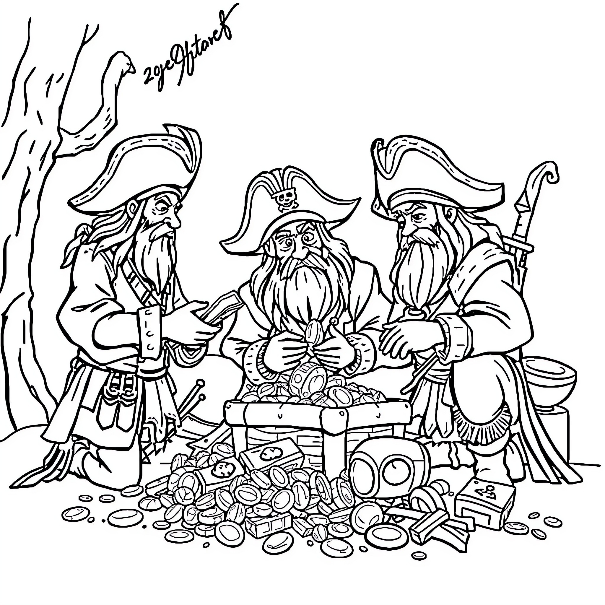 Bear Pirates Feasting on Treasure Coloring Page (free black-and-white line drawing printable PDF for all, from beginners to advanced learners, including children, teens, adults, and seniors)