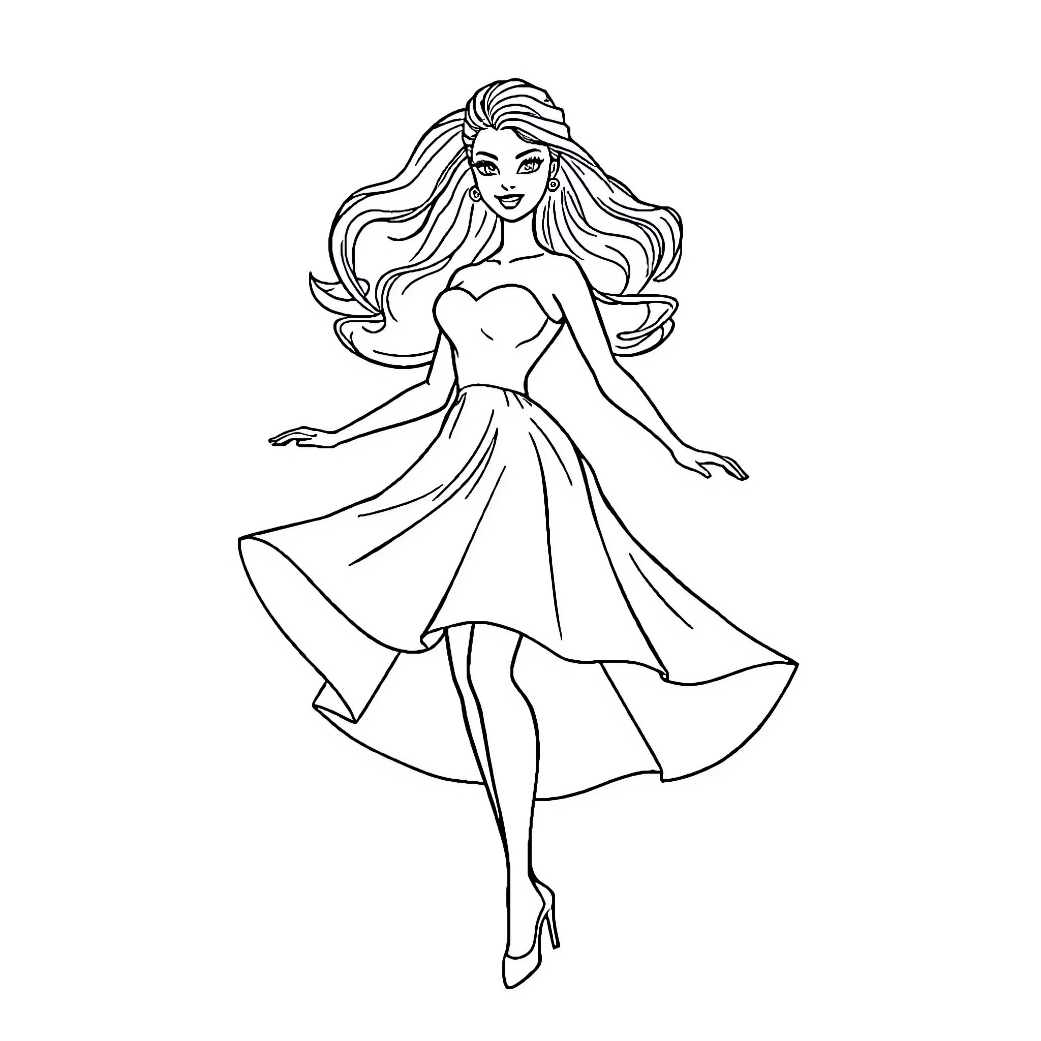 Barbie Flowing Dress Dance Coloring Page (free black-and-white line drawing printable PDF for all, from beginners to advanced learners, including children, teens, adults, and seniors)