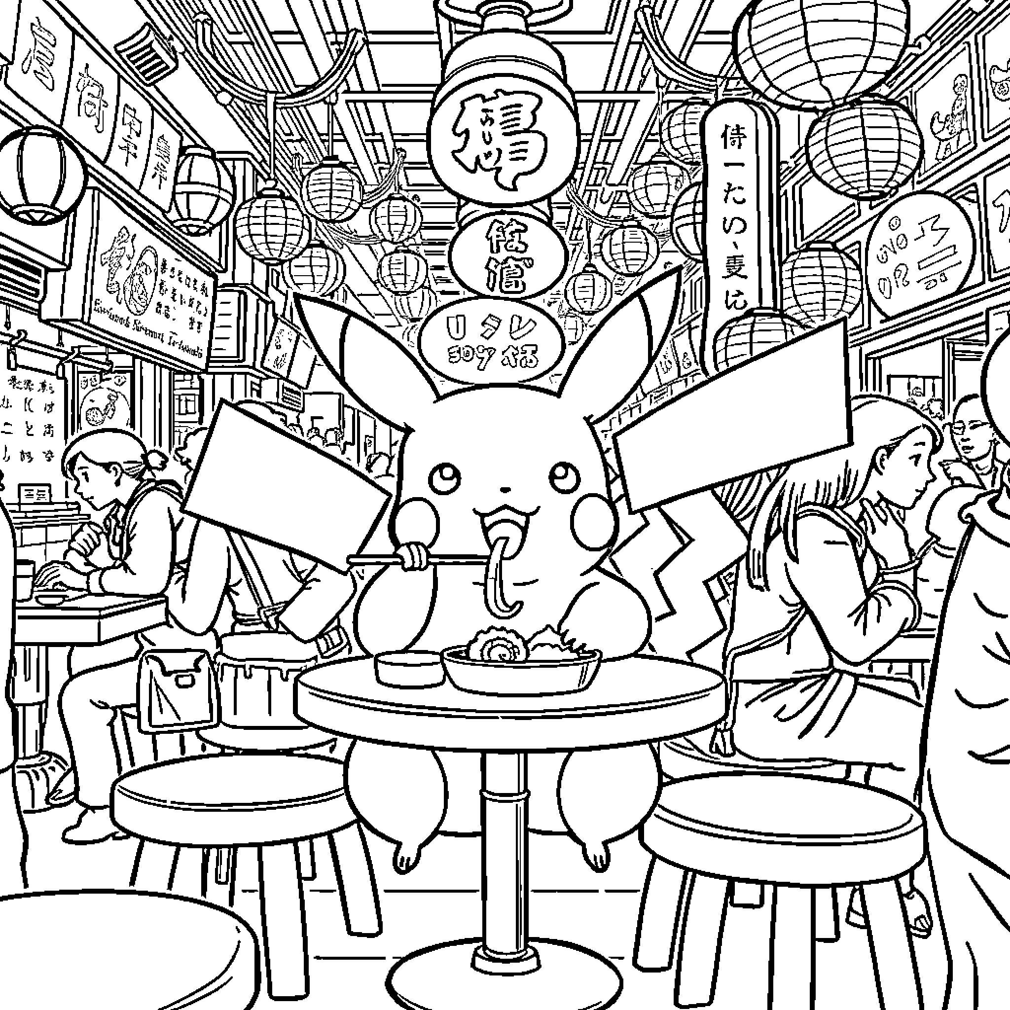 Pikachu enjoying a snack in a lively Japanese restaurant Coloring Page (free black-and-white line drawing printable PDF for all, from beginners to advanced learners, including children, teens, adults, and seniors)