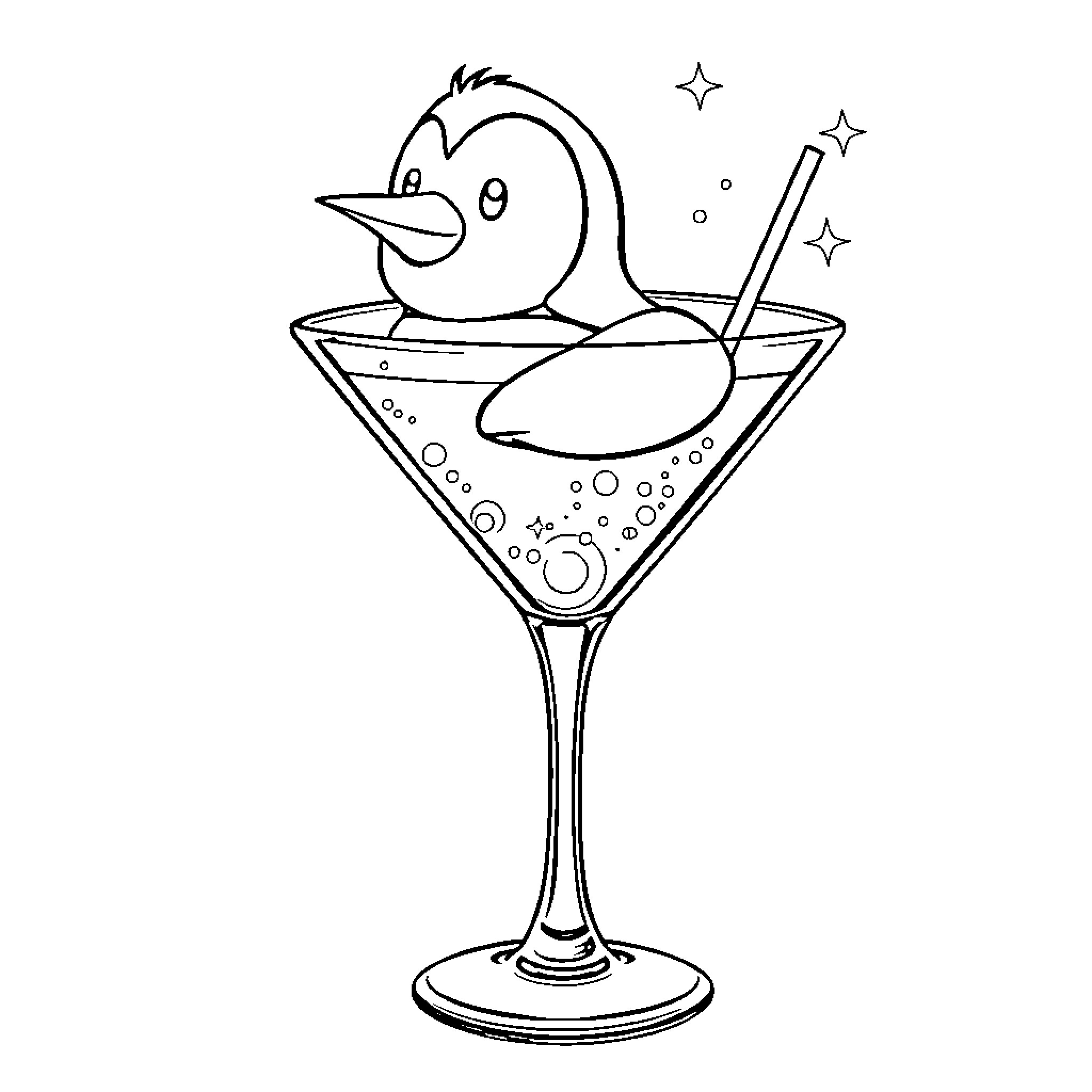 Penguin relaxing in a sparkling cocktail glass Coloring Page (free black-and-white line drawing printable PDF for all, from beginners to advanced learners, including children, teens, adults, and seniors)