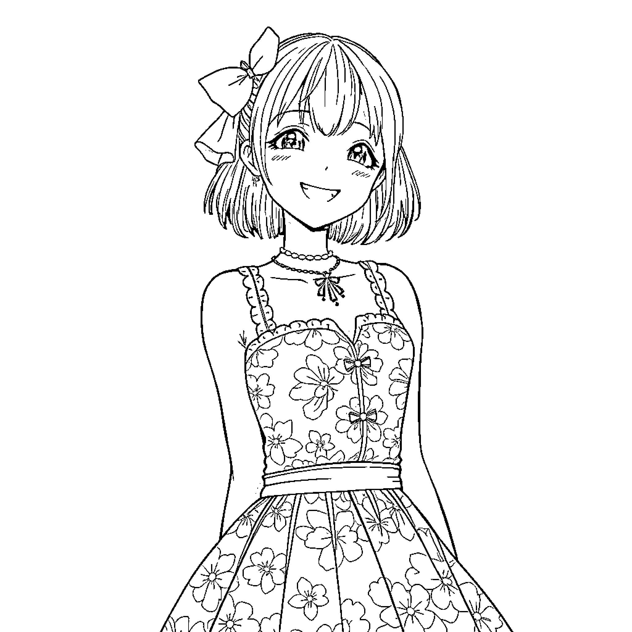 Shohei Ohtani in a cheerful floral dress Coloring Page (free black-and-white line drawing printable PDF for all, from beginners to advanced learners, including children, teens, adults, and seniors)