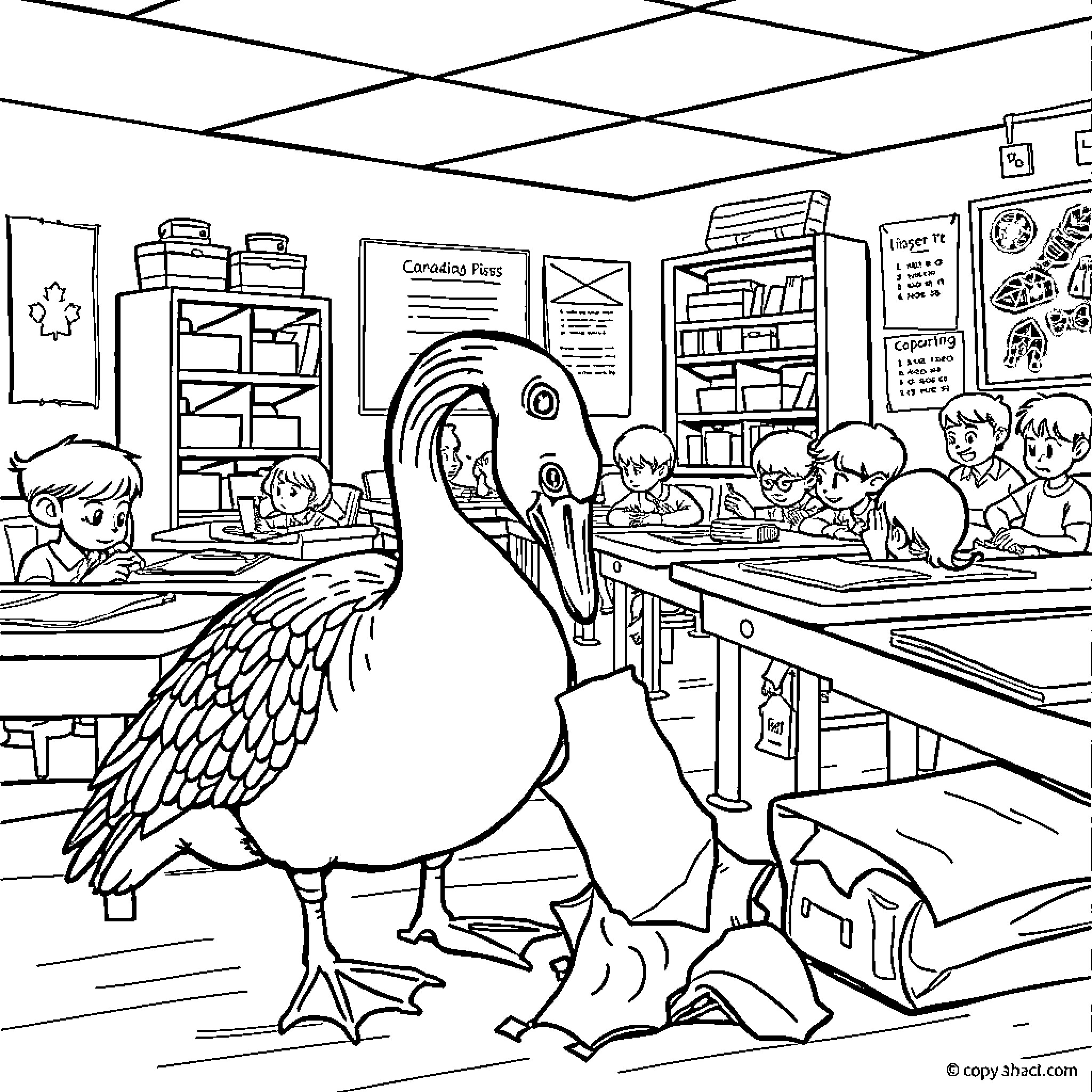 Goose visits curious students in classroom Coloring Page (free black-and-white line drawing printable PDF for all, from beginners to advanced learners, including children, teens, adults, and seniors)