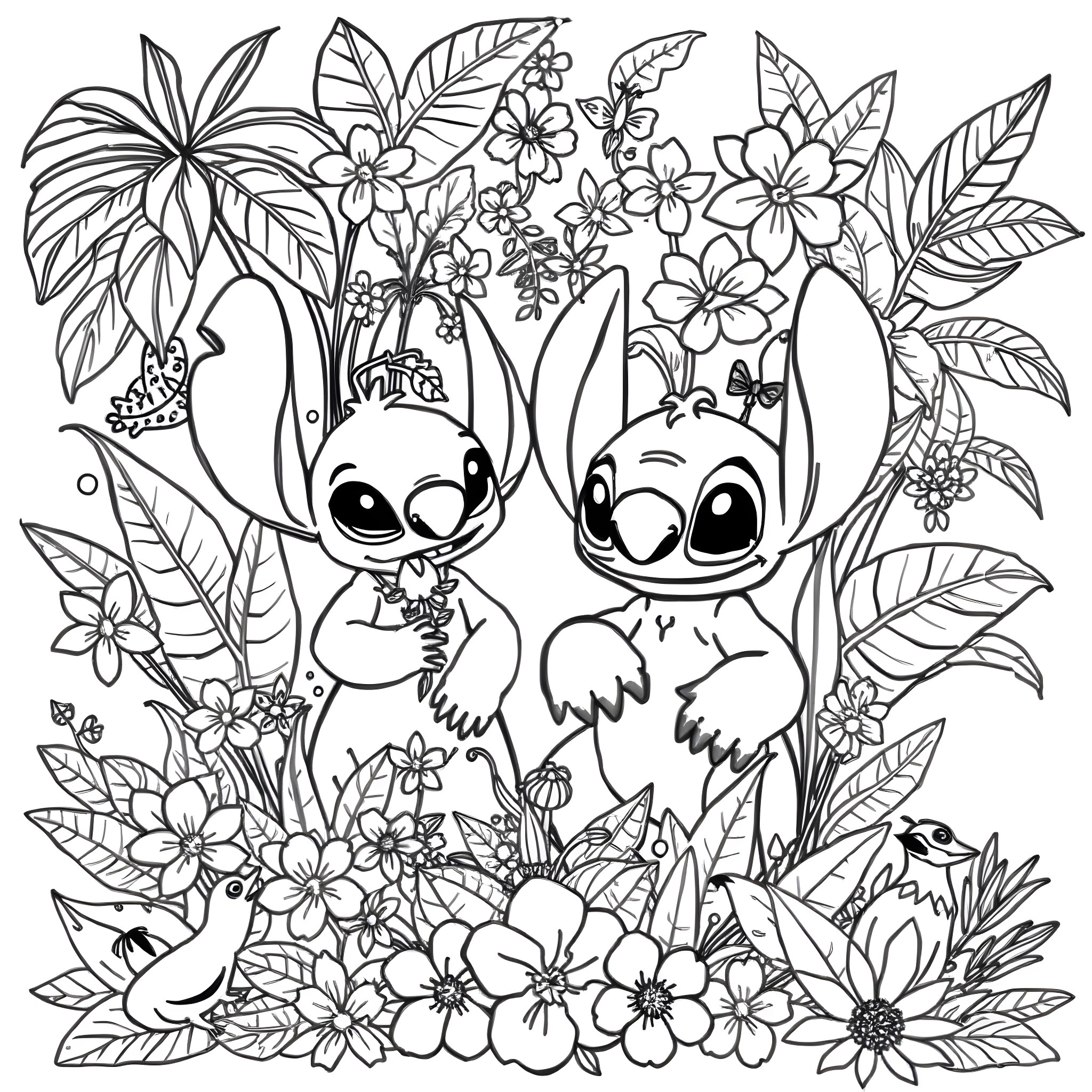 Lilo And Stitch enjoying a floral paradise Coloring Page (free black-and-white line drawing printable PDF for all, from beginners to advanced learners, including children, teens, adults, and seniors)