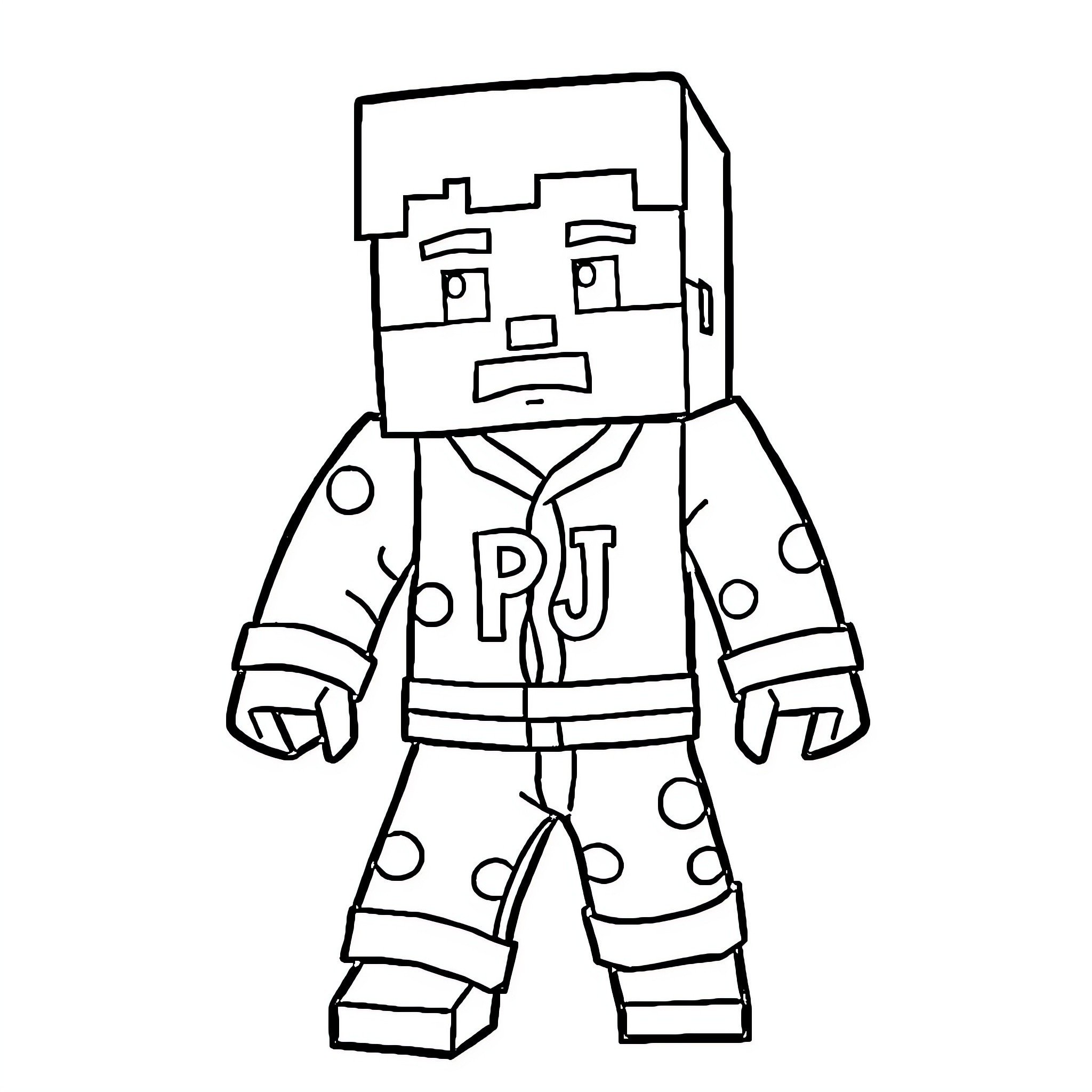 Minecraft Character in Polka Dot Outfit Coloring Page (free black-and-white line drawing printable PDF for all, from beginners to advanced learners, including children, teens, adults, and seniors)