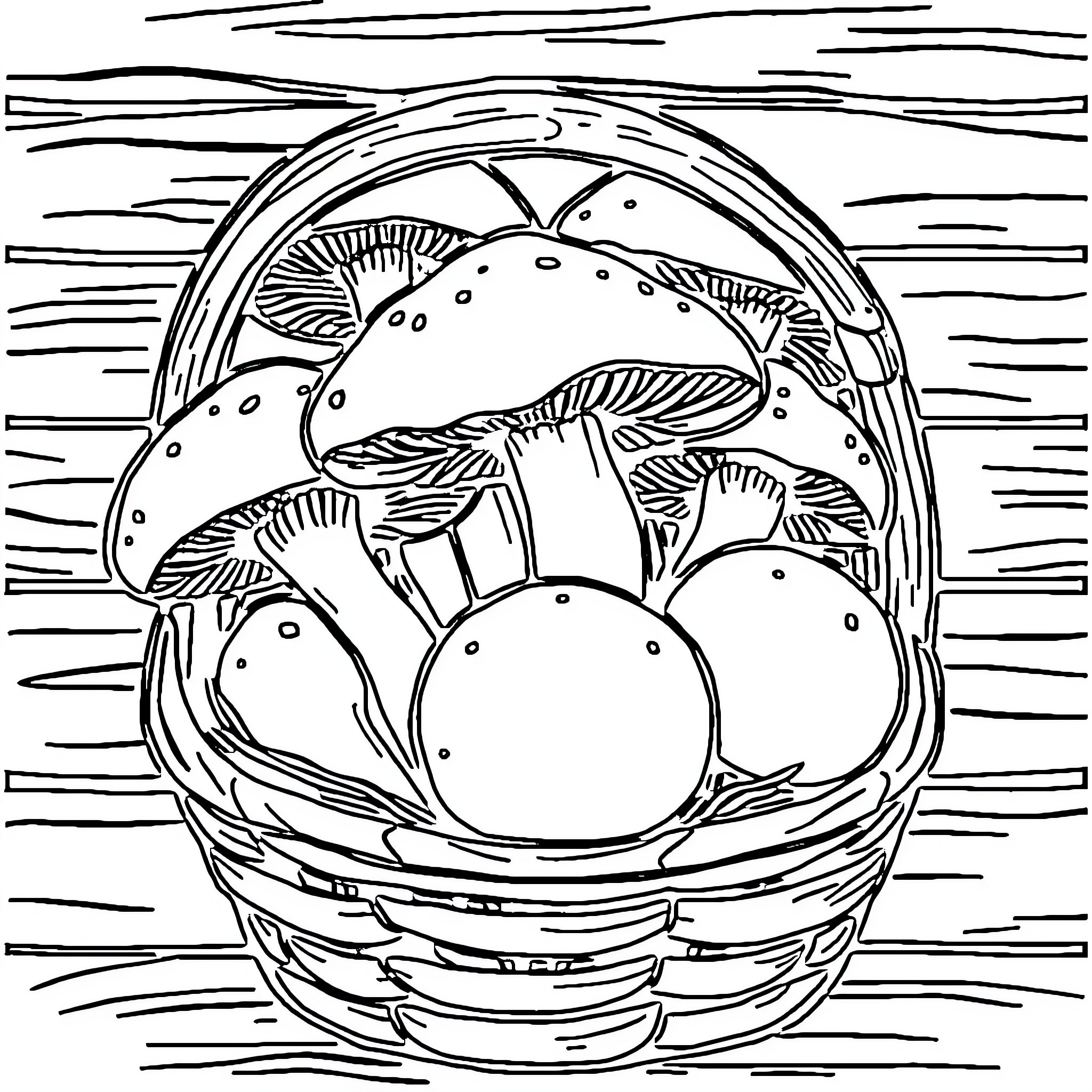 Mushroom basket filled with fungi Coloring Page (free black-and-white line drawing printable PDF for all, from beginners to advanced learners, including children, teens, adults, and seniors)