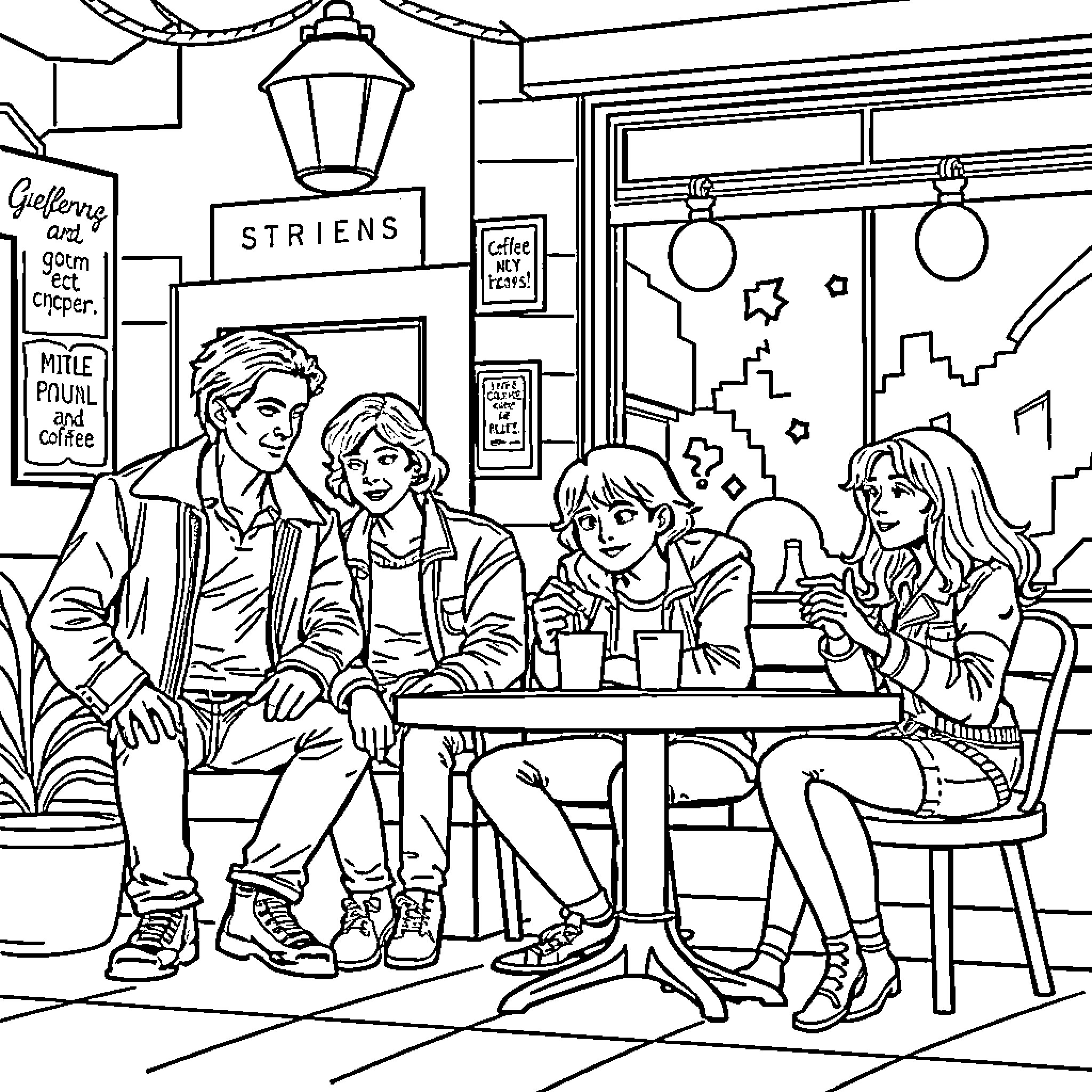 Crossover of friends gathering at the cafe Coloring Page (free black-and-white line drawing printable PDF for all, from beginners to advanced learners, including children, teens, adults, and seniors)