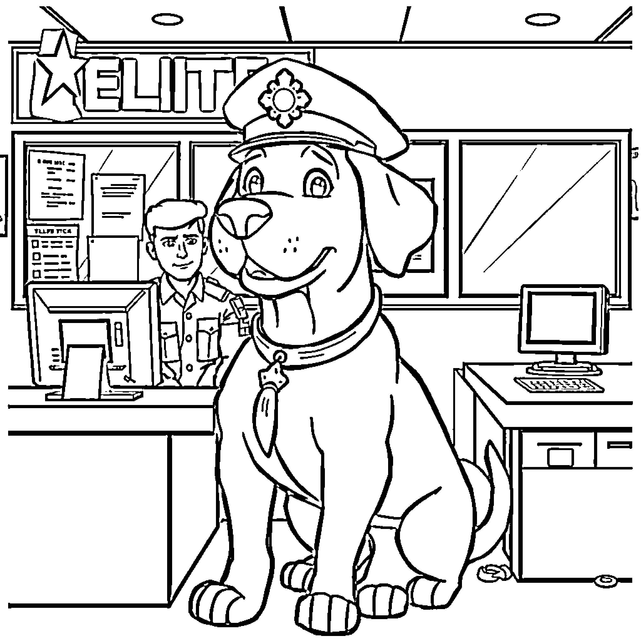 Sheriff Labrador sitting proudly in a police office Coloring Page (free black-and-white line drawing printable PDF for all, from beginners to advanced learners, including children, teens, adults, and seniors)