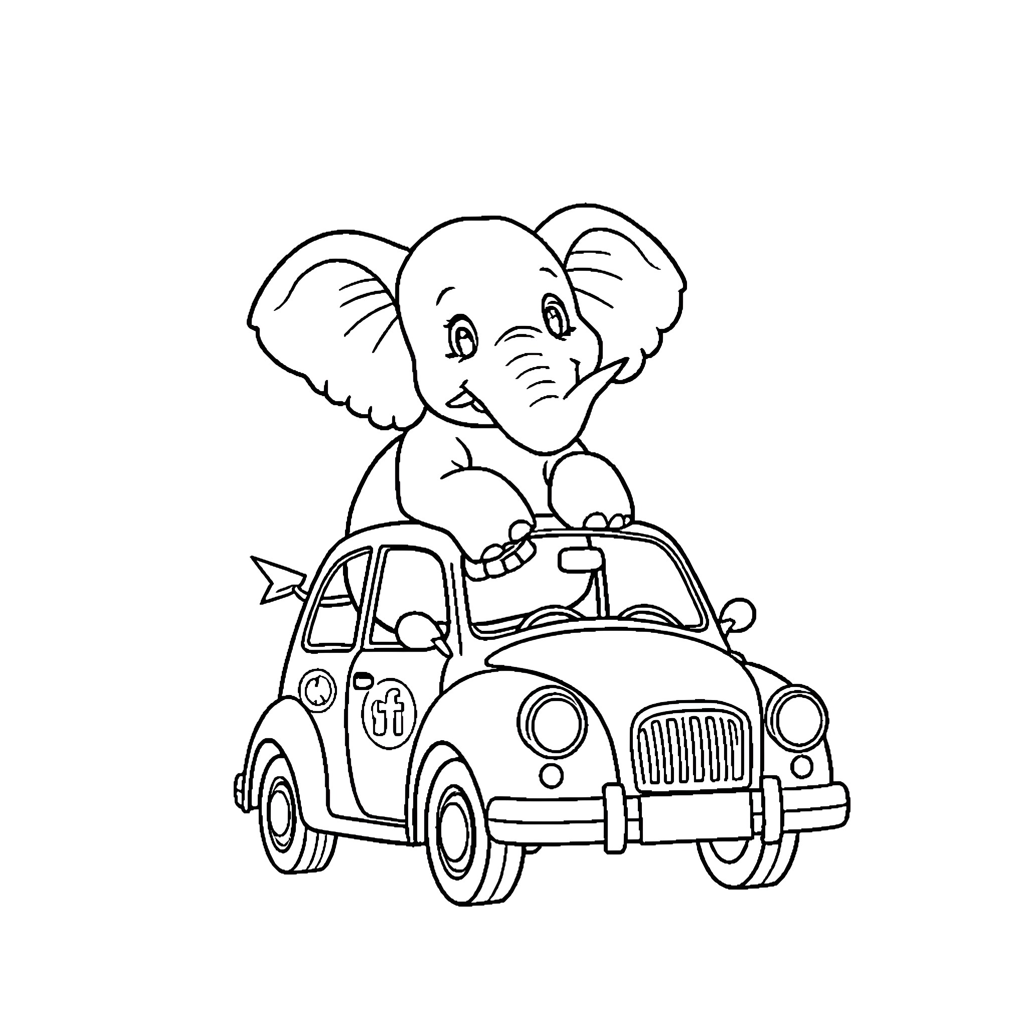 Elephant driving a cartoon car Coloring Page (free black-and-white line drawing printable PDF for all, from beginners to advanced learners, including children, teens, adults, and seniors)