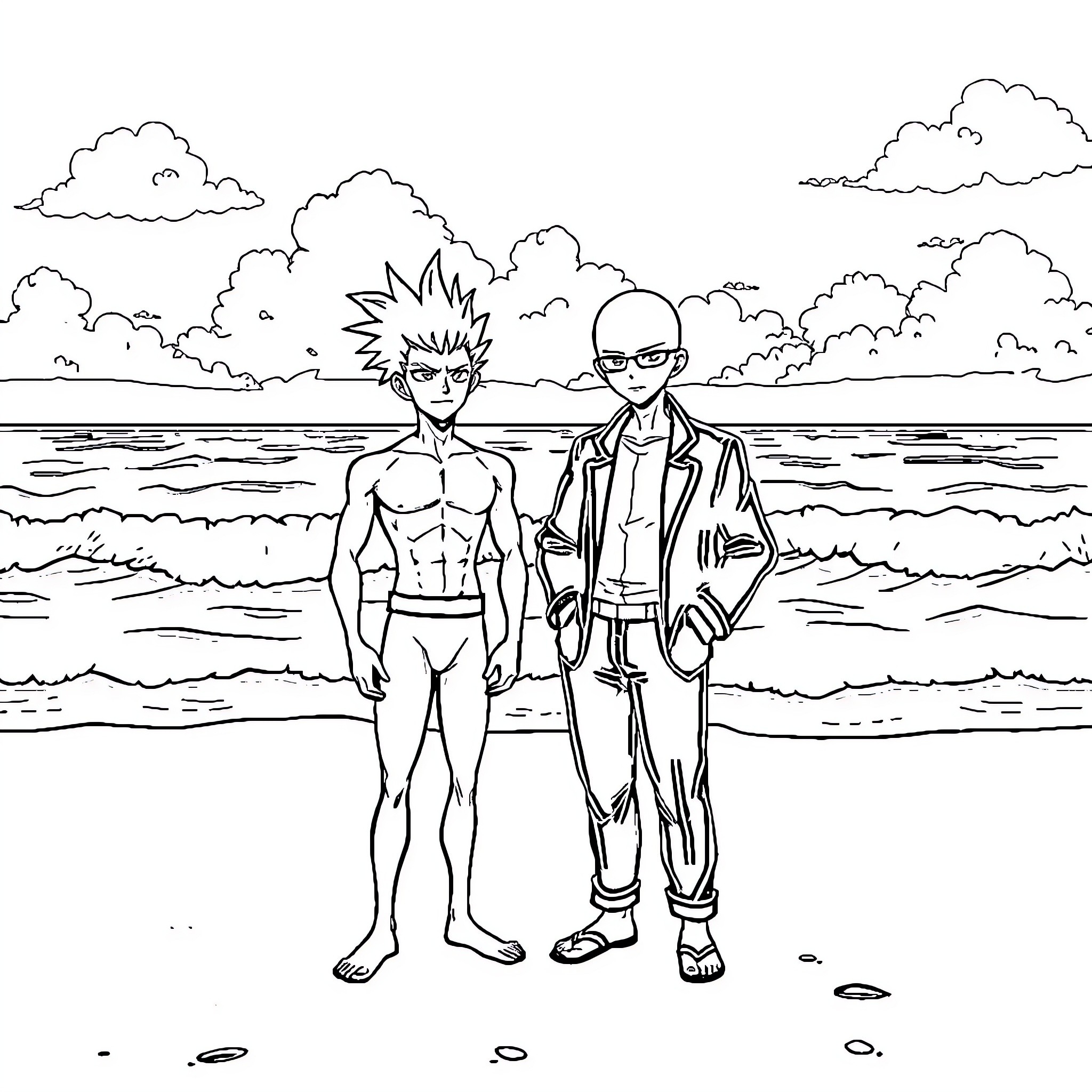 Gojo enjoying the beach with a friend Coloring Page (free black-and-white line drawing printable PDF for all, from beginners to advanced learners, including children, teens, adults, and seniors)