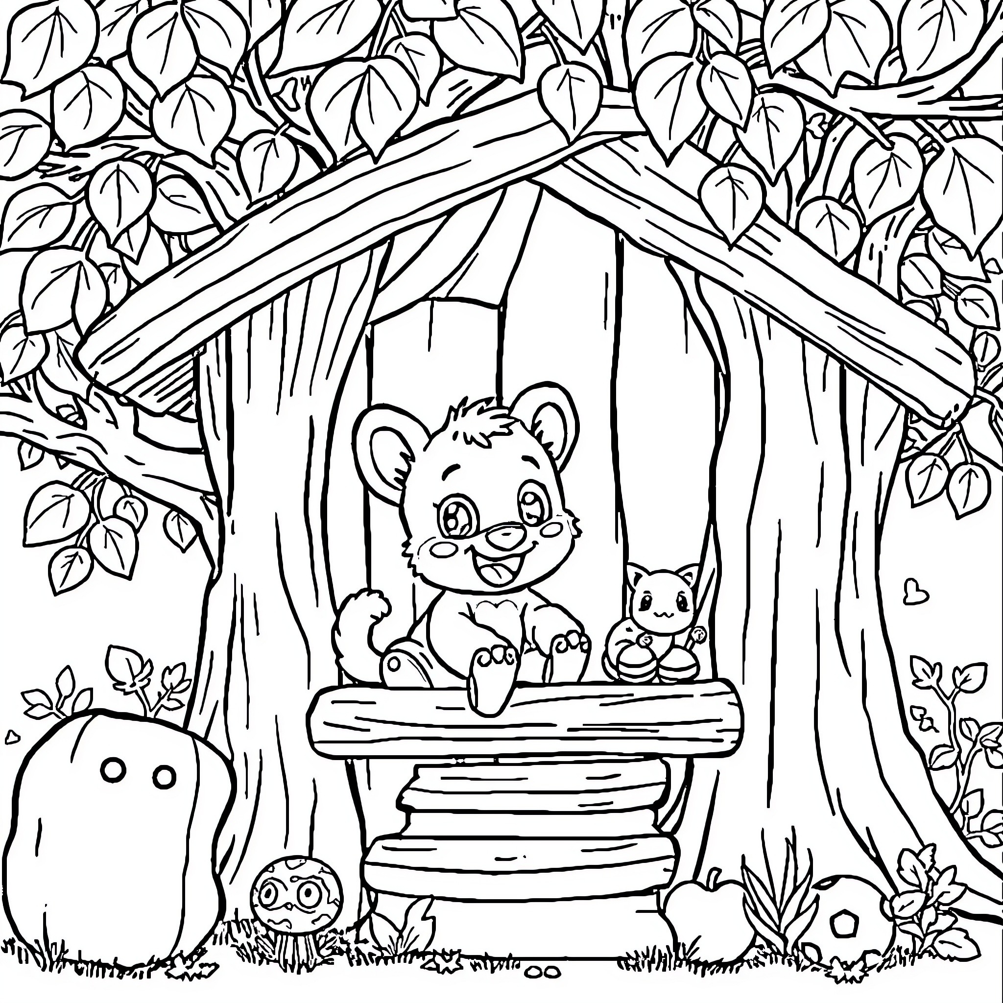 Bluey's Cozy Forest Hideaway Coloring Page (free black-and-white line drawing printable PDF for all, from beginners to advanced learners, including children, teens, adults, and seniors)