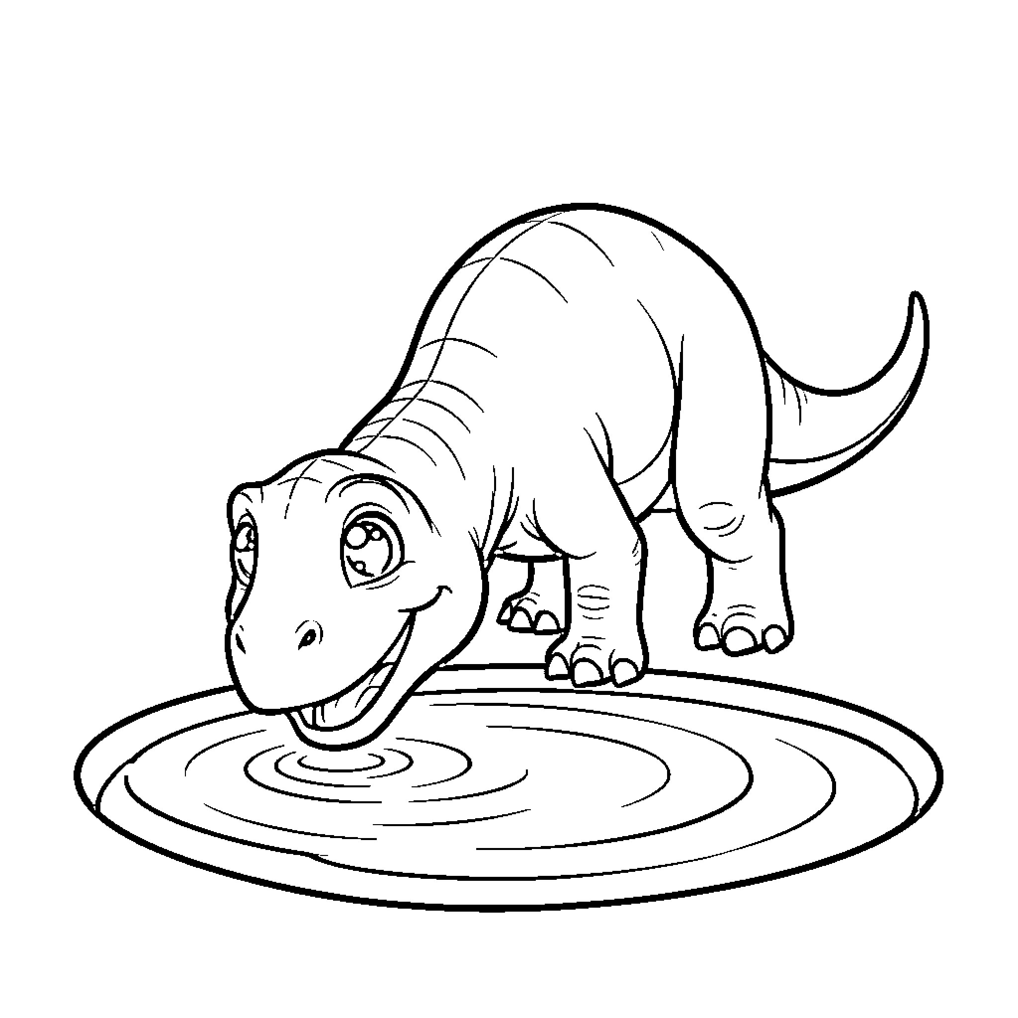 Dinosaur drinking water from a puddle Coloring Page (free black-and-white line drawing printable PDF for all, from beginners to advanced learners, including children, teens, adults, and seniors)