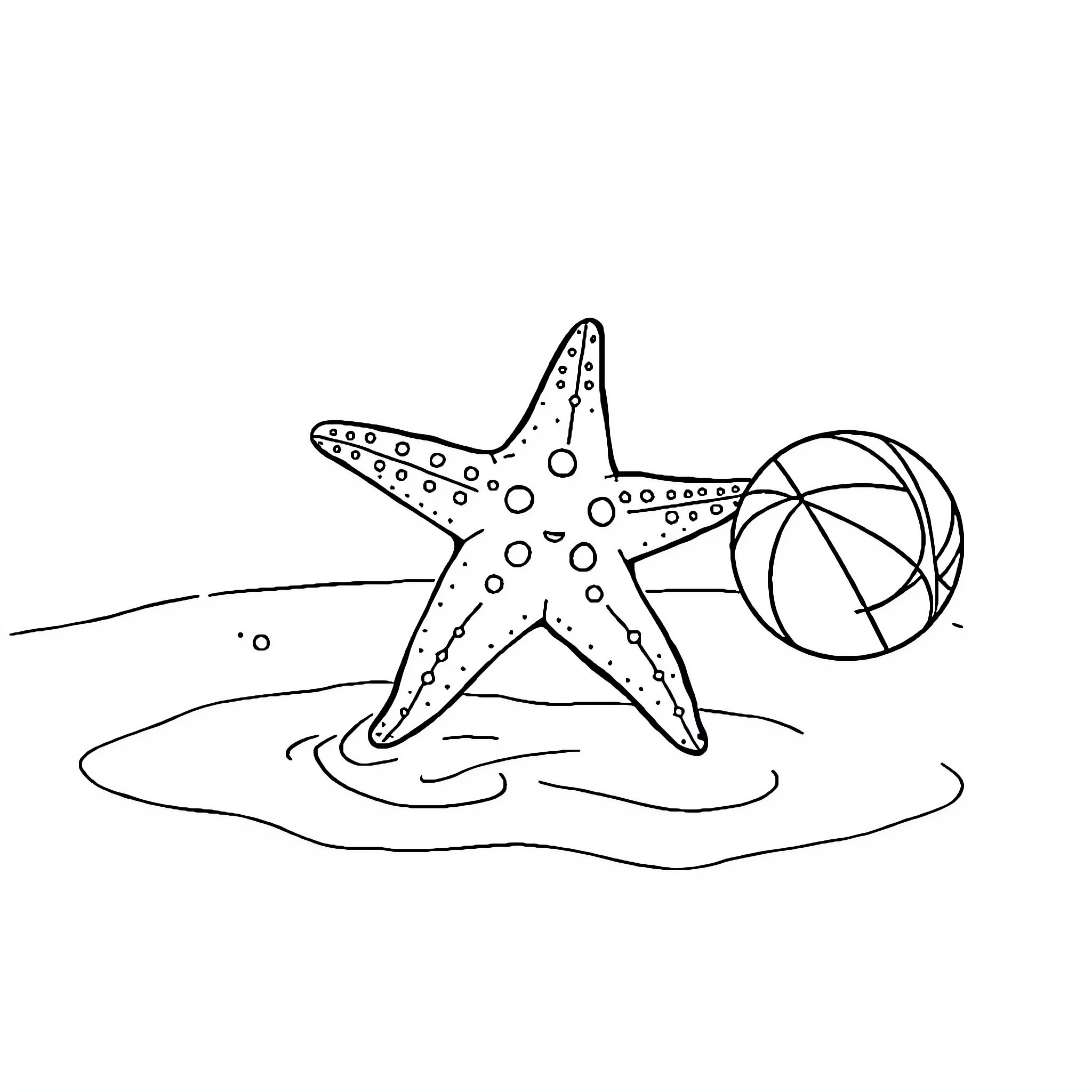 Starfish playing with beach ball in the water Coloring Page (free black-and-white line drawing printable PDF for all, from beginners to advanced learners, including children, teens, adults, and seniors)