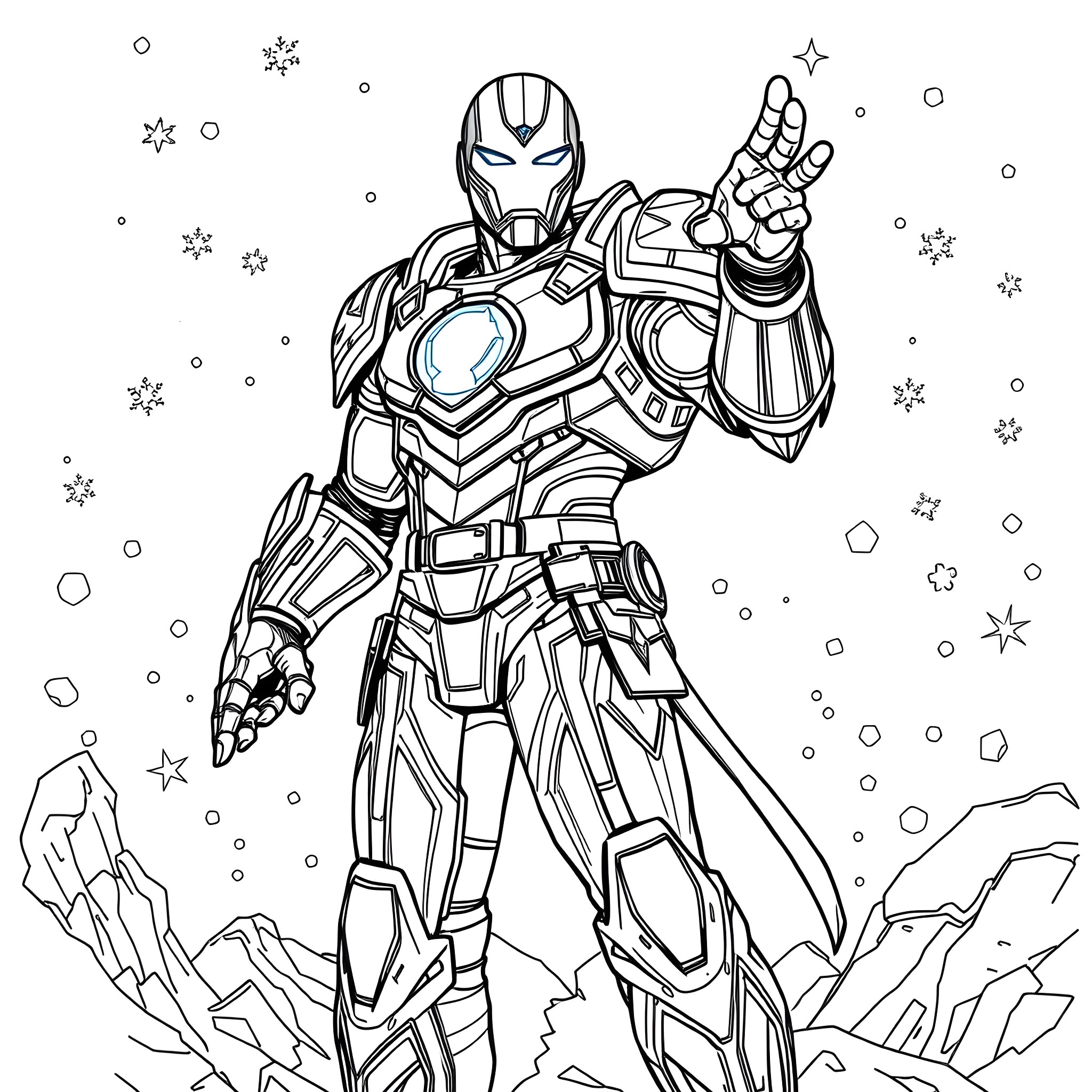 Iron Freeze - Futuristic Superhero in Snow-Covered Terrain Coloring Page (free black-and-white line drawing printable PDF for all, from beginners to advanced learners, including children, teens, adults, and seniors)