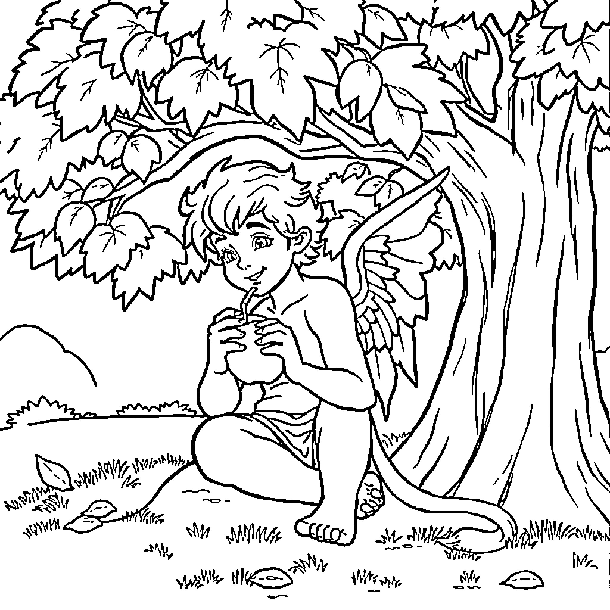 Raphael's Whimsical Woodland Adventure Coloring Page (free black-and-white line drawing printable PDF for all, from beginners to advanced learners, including children, teens, adults, and seniors)