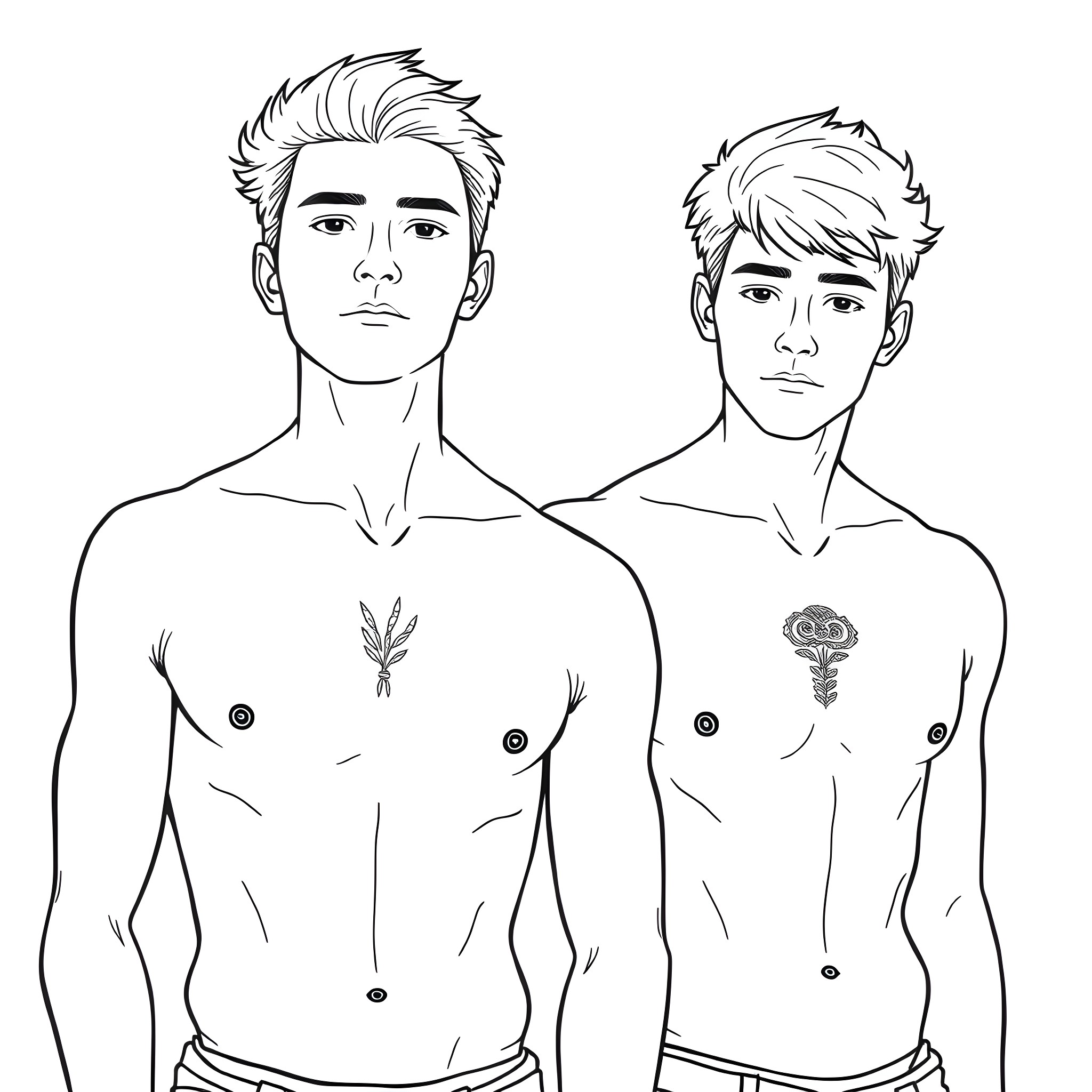Men with distinctive tattoos on their bodies Coloring Page (free black-and-white line drawing printable PDF for all, from beginners to advanced learners, including children, teens, adults, and seniors)