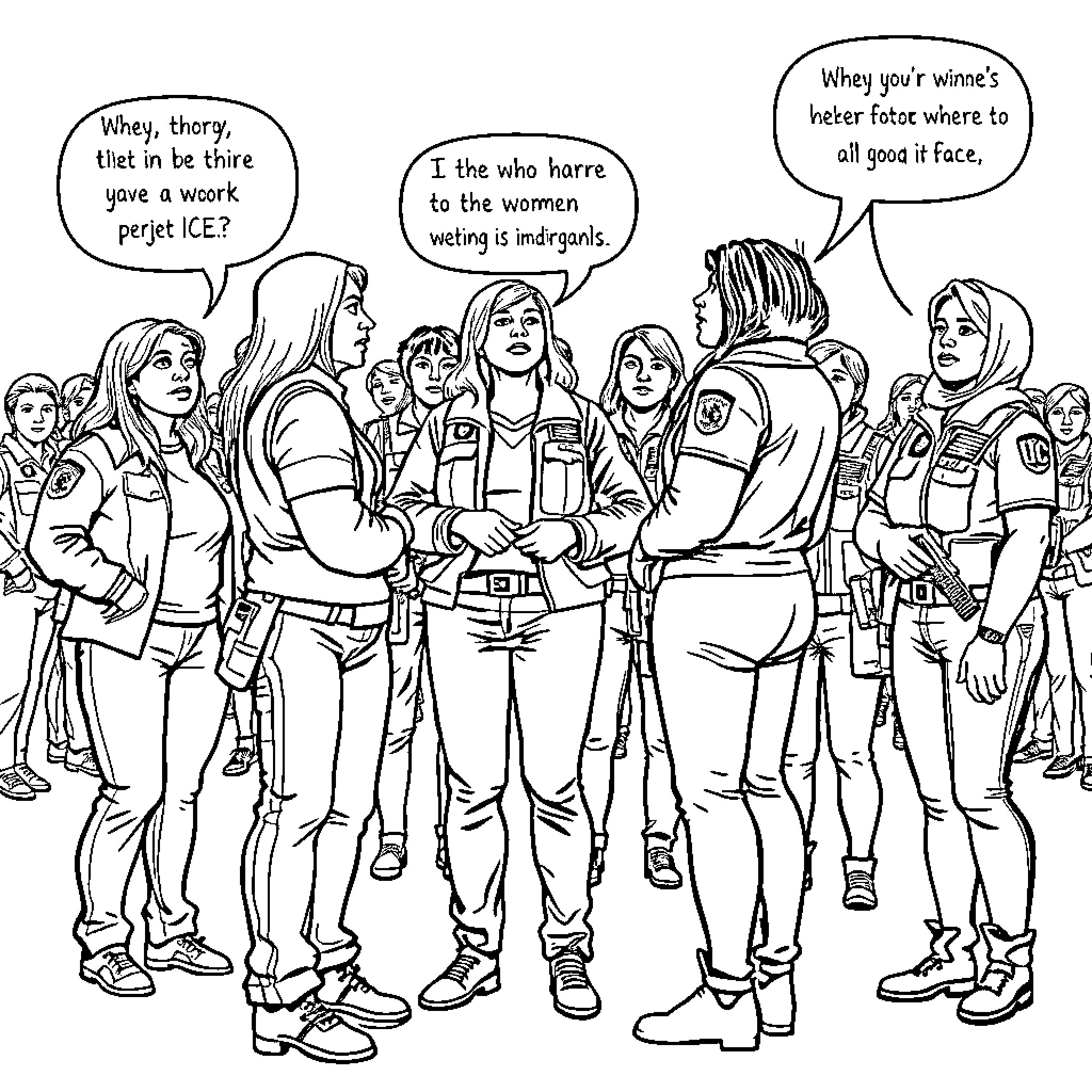 Ice Agent discussing mission with team Coloring Page (free black-and-white line drawing printable PDF for all, from beginners to advanced learners, including children, teens, adults, and seniors)