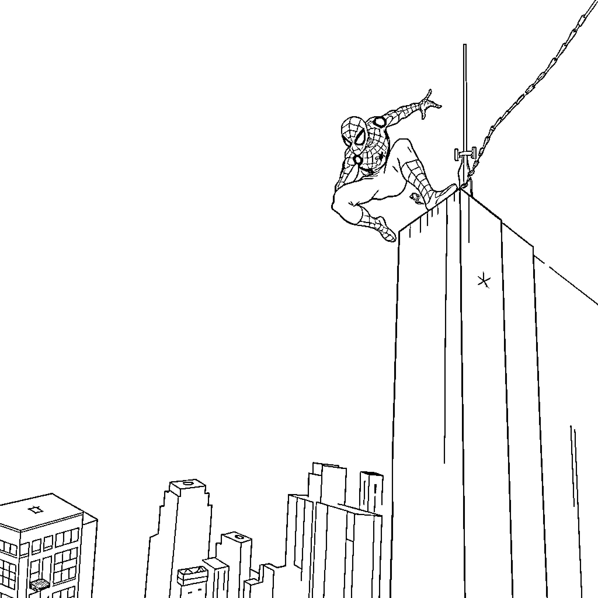 Spider-Man crouching on the edge of a tall skyscraper Coloring Page (free black-and-white line drawing printable PDF for all, from beginners to advanced learners, including children, teens, adults, and seniors)