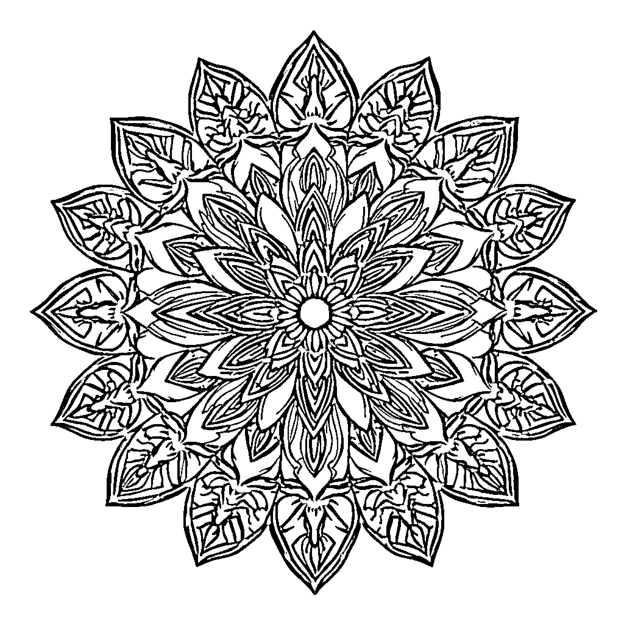 Mandala of intricate floral patterns Coloring Page (free black-and-white line drawing printable PDF for all, from beginners to advanced learners, including children, teens, adults, and seniors)