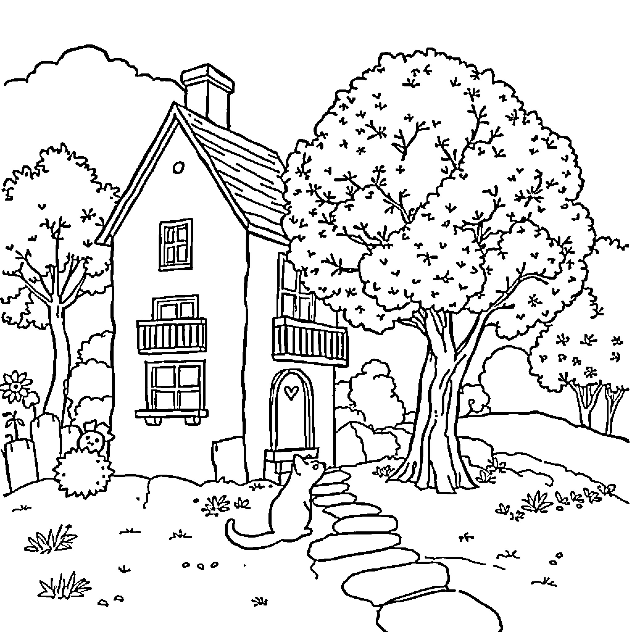 House with cozy exterior in scenic landscape Coloring Page (free black-and-white line drawing printable PDF for all, from beginners to advanced learners, including children, teens, adults, and seniors)