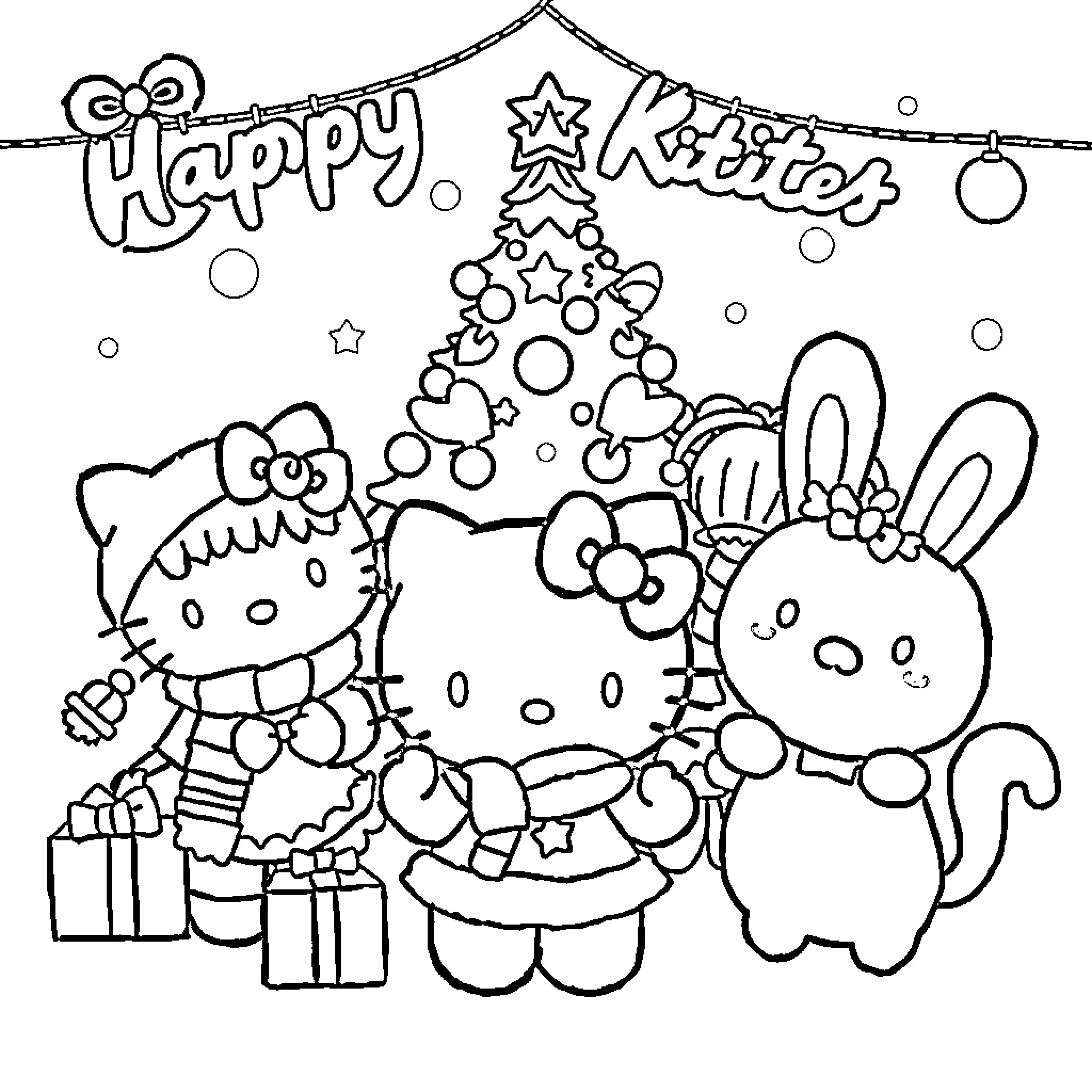 Hello Kitty celebrating Happy Holidays with friends Coloring Page (free black-and-white line drawing printable PDF for all, from beginners to advanced learners, including children, teens, adults, and seniors)