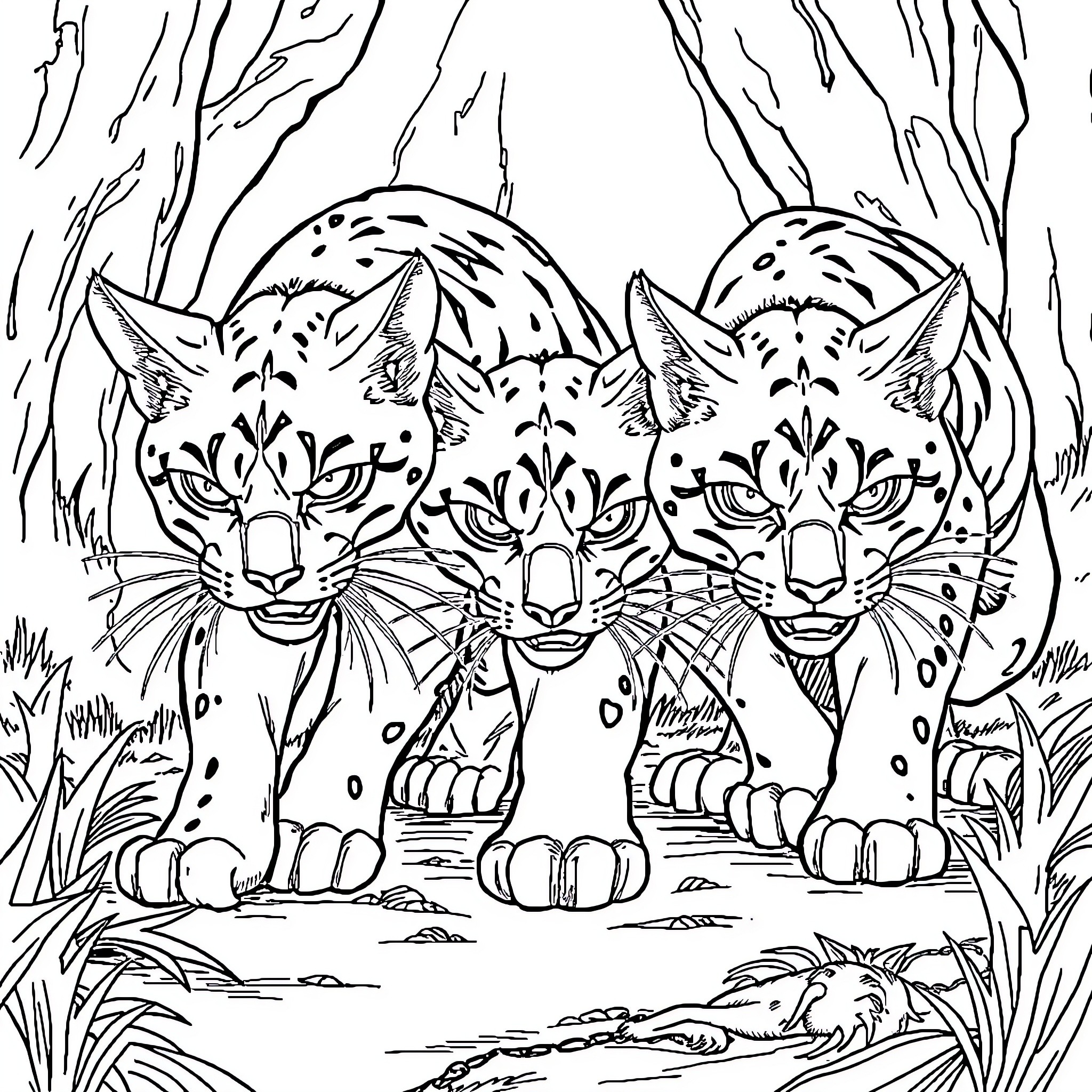 Warrior Cats Defending Their Territory Coloring Page (free black-and-white line drawing printable PDF for all, from beginners to advanced learners, including children, teens, adults, and seniors)