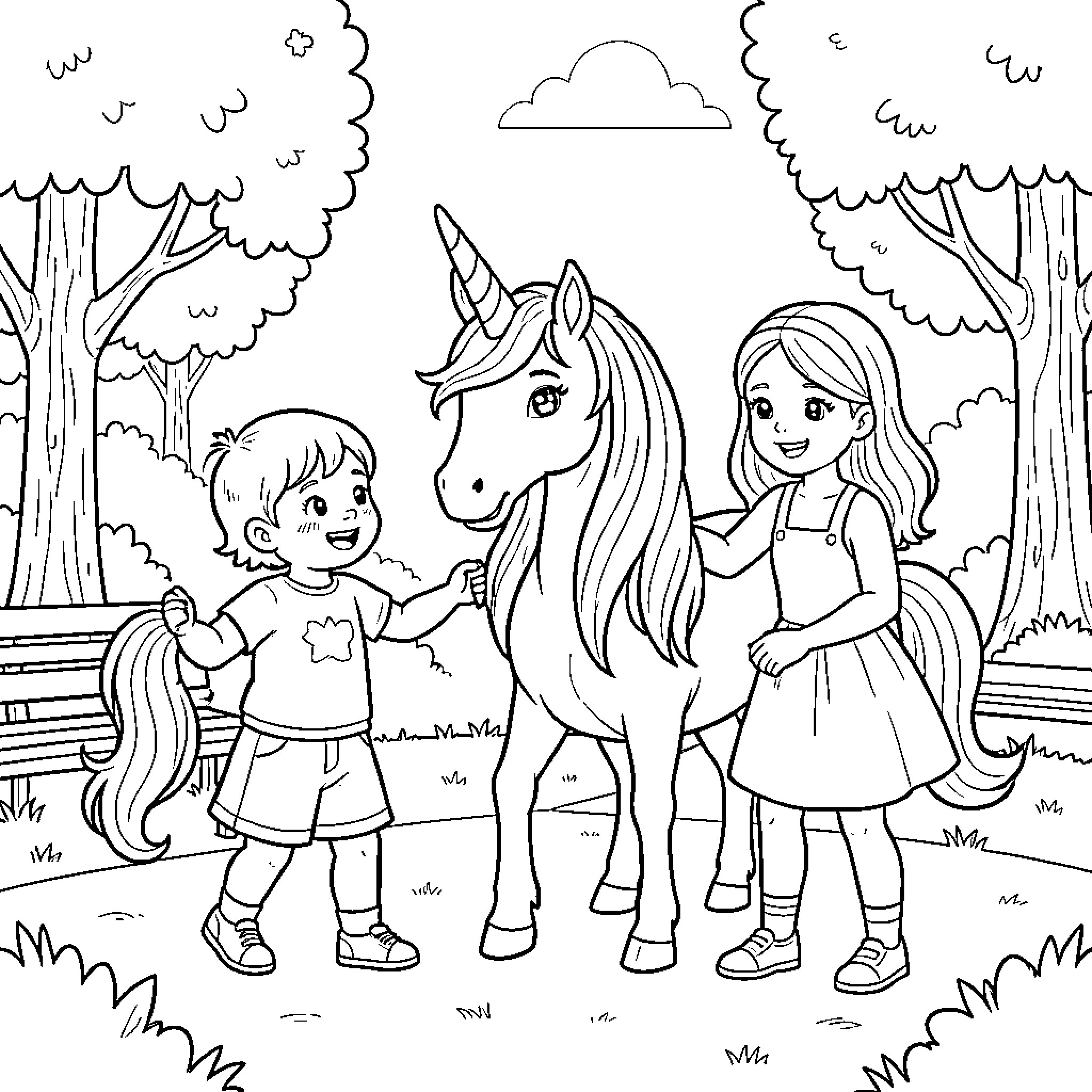 Unicorn friends exploring the magical forest Coloring Page (free black-and-white line drawing printable PDF for all, from beginners to advanced learners, including children, teens, adults, and seniors)